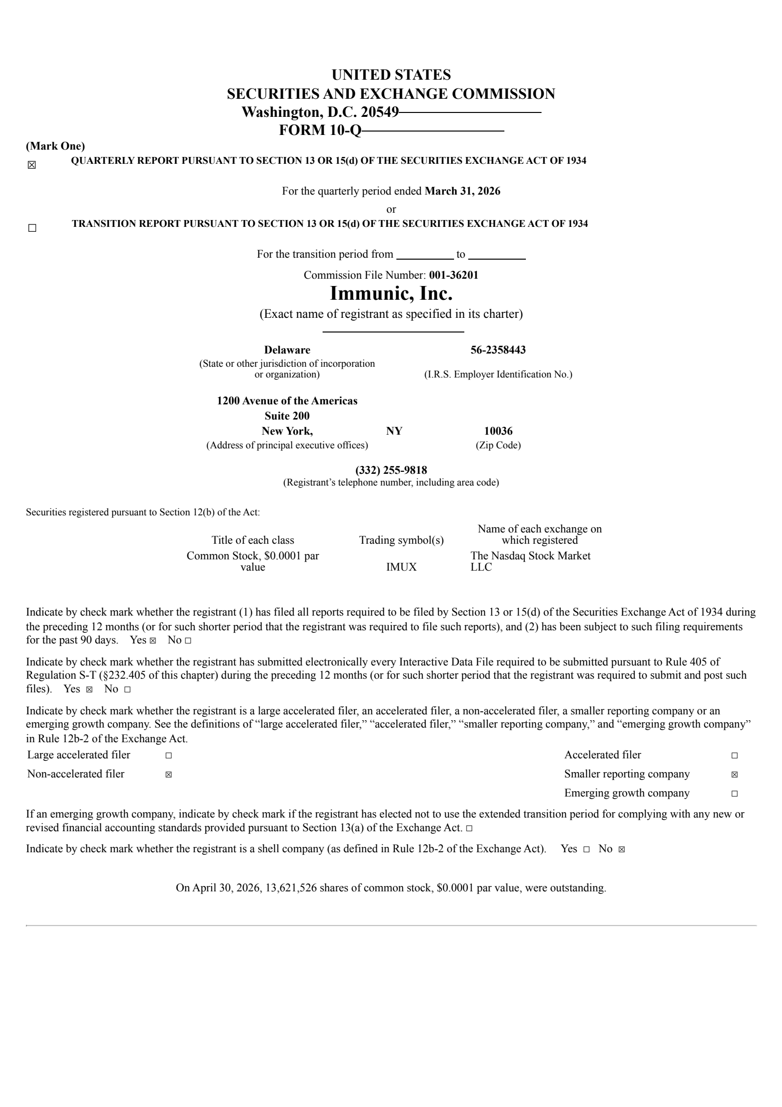 Immunic's Q1 2026 Quarterly report