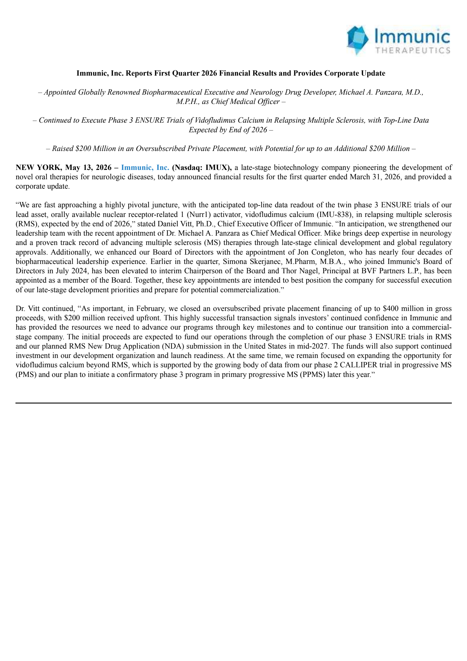 Immunic's Q1 2026 Press Release