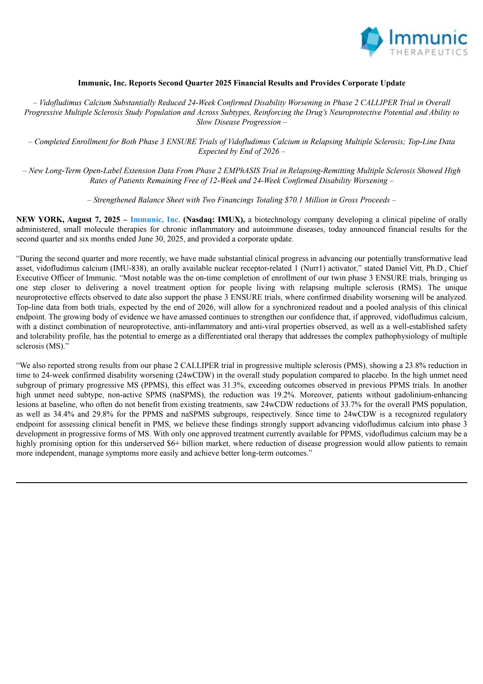 Immunic's Q2 2025 Press Release