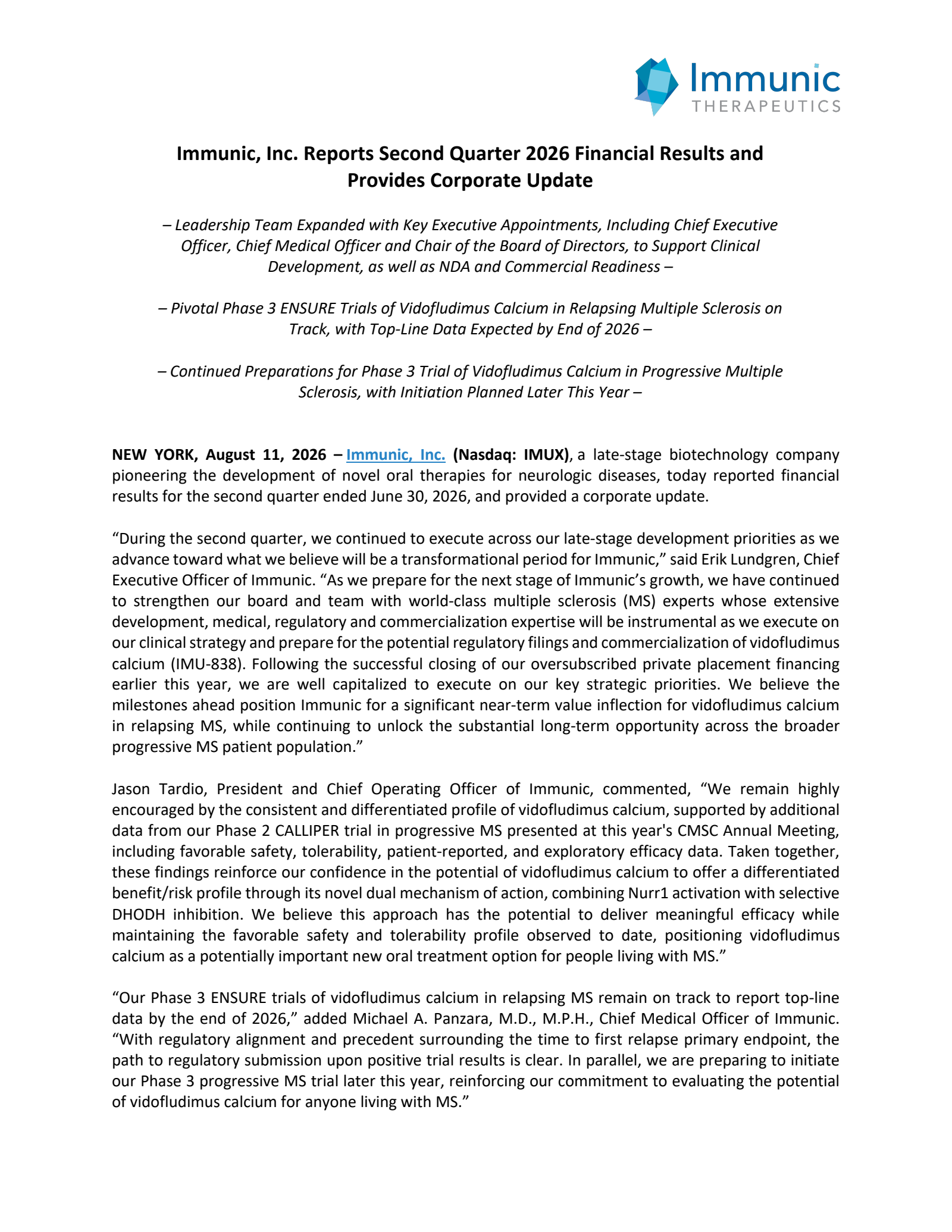 Immunic's Q2 2026 Press Release