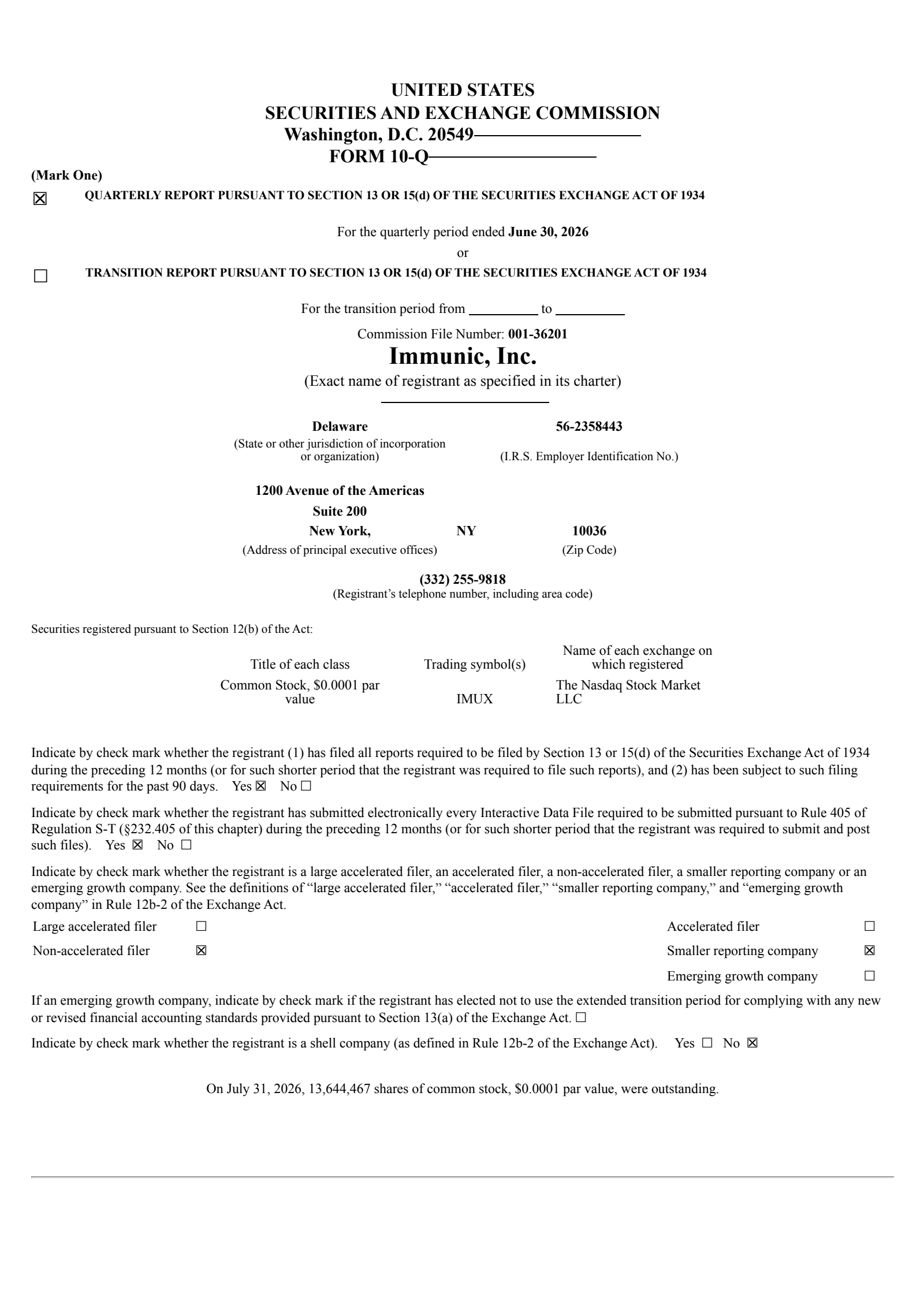 Immunic's Q2 2026 Quarterly report