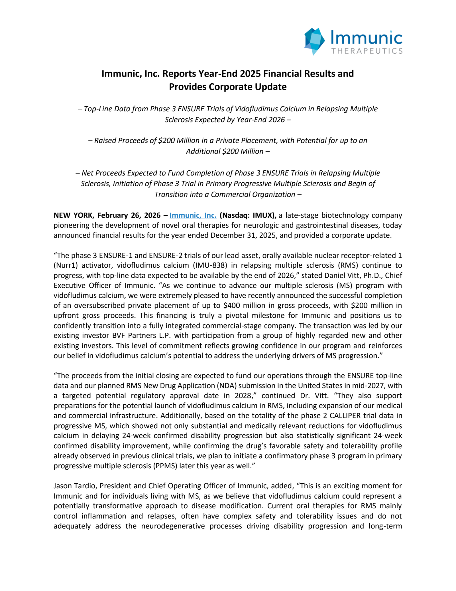 Immunic's Q4 2025 Press Release