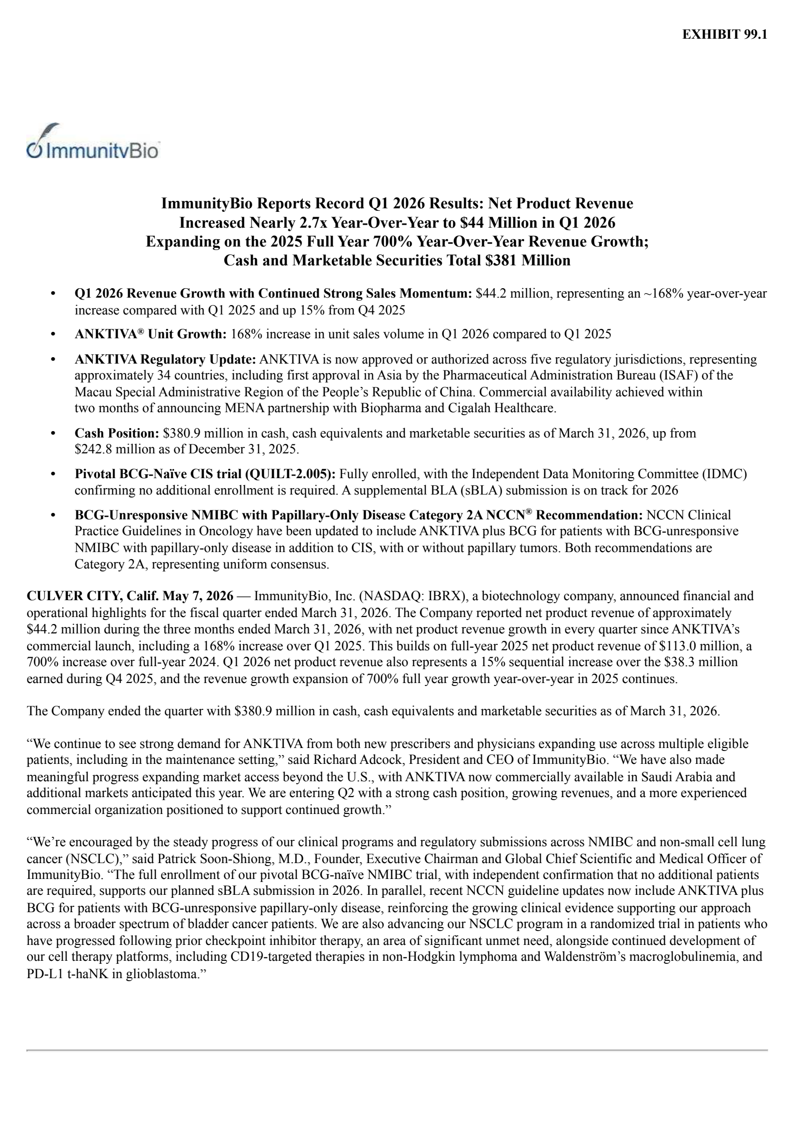 ImmunityBio's Q1 2026 Press Release