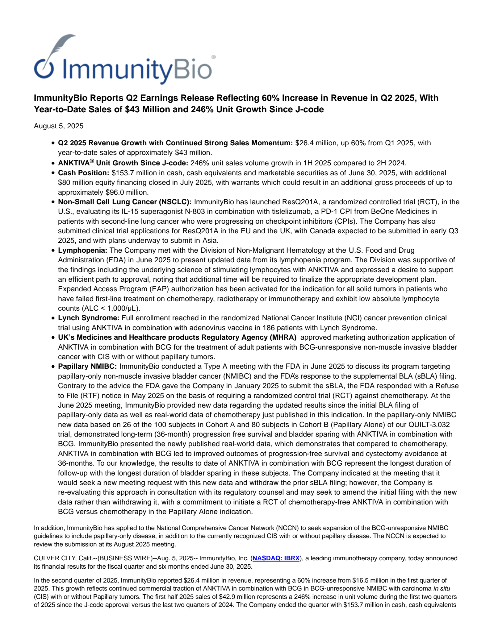 ImmunityBio's Q2 2025 Press Release