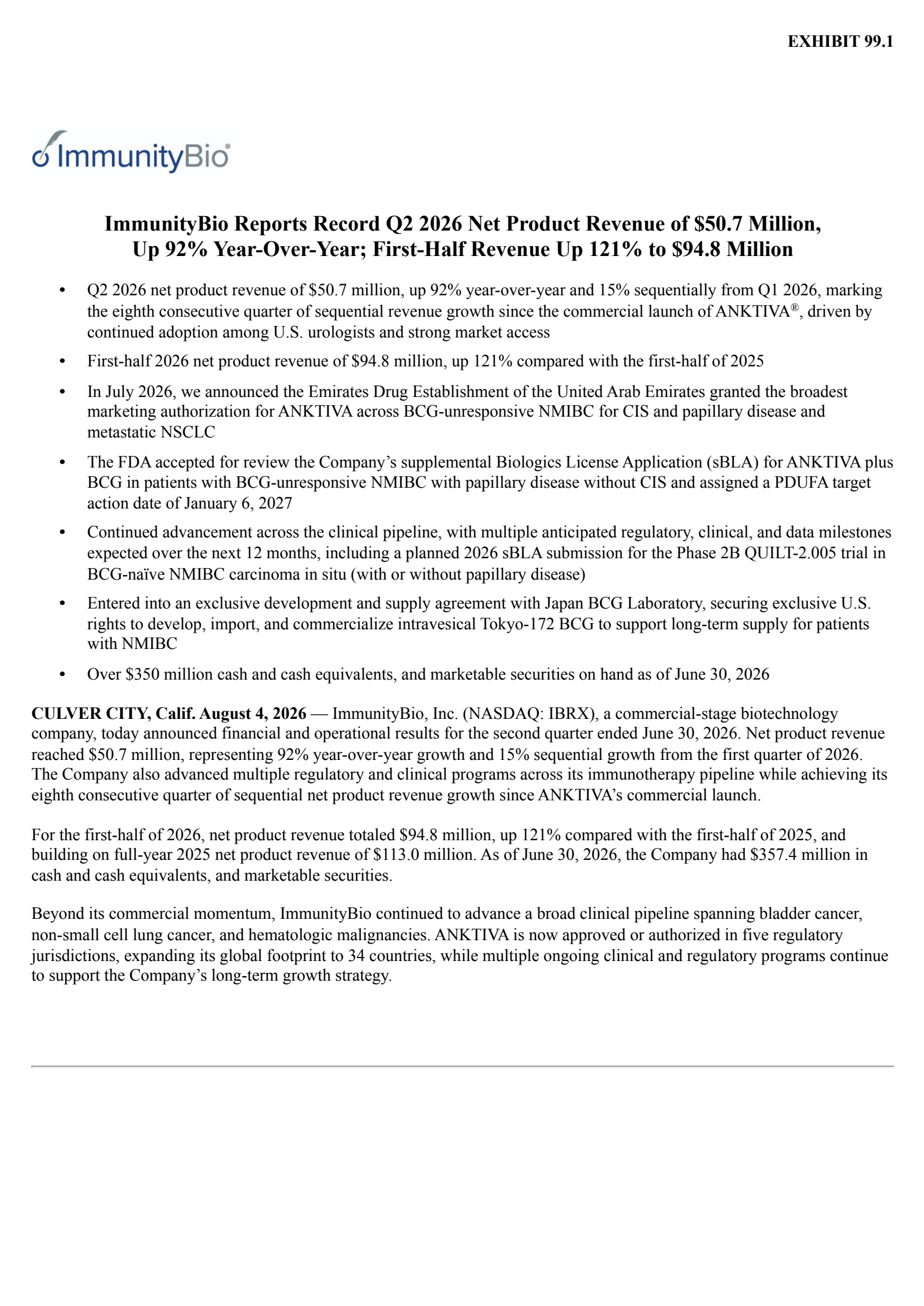 ImmunityBio's Q2 2026 Press Release