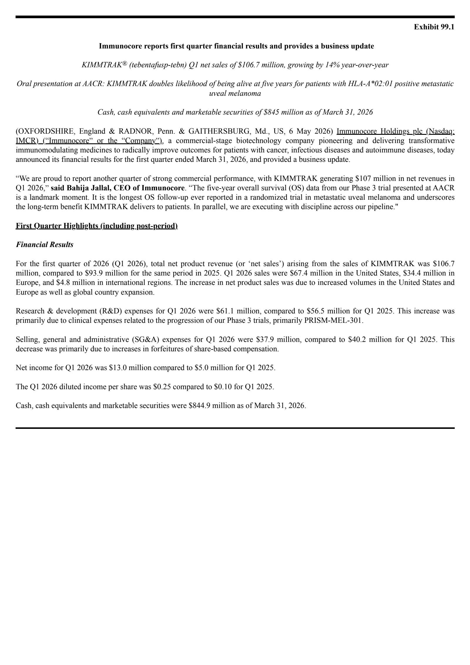 Immunocore's Q1 2026 Press Release