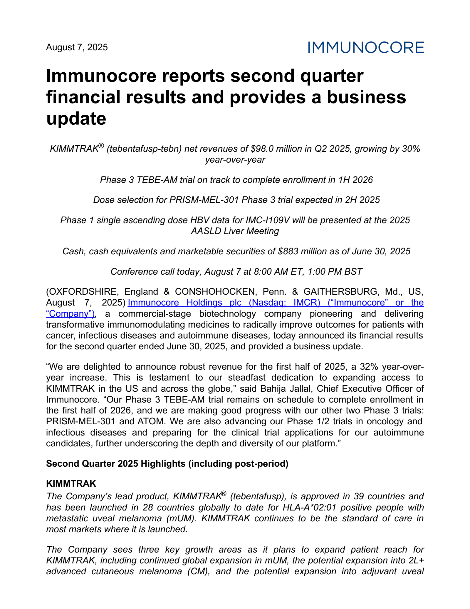 Immunocore's Q2 2025 Press Release