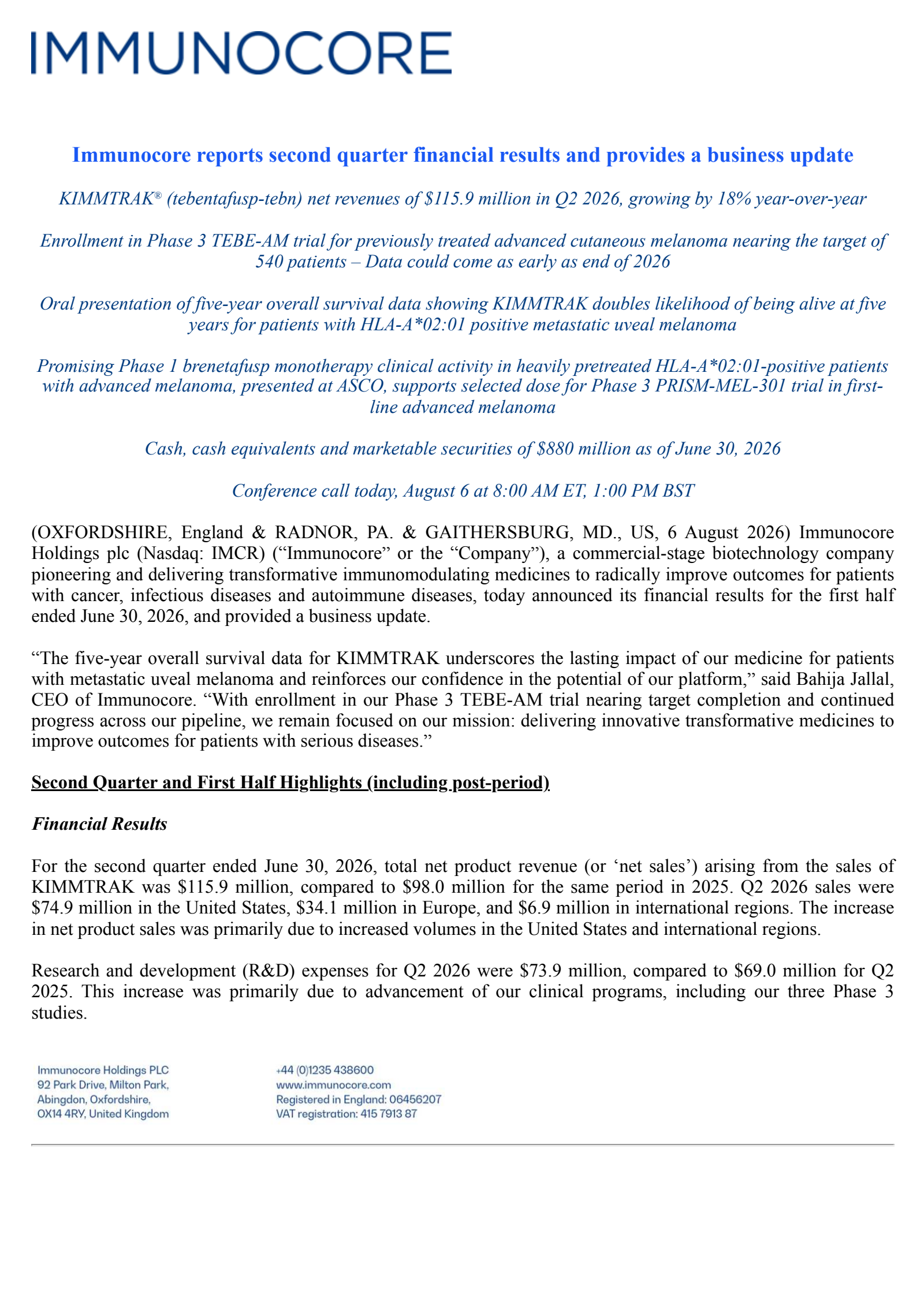 Immunocore's Q2 2026 Press Release