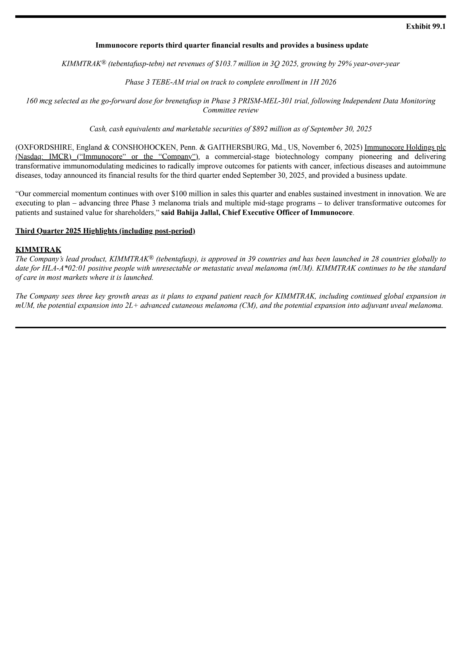 Immunocore's Q3 2025 Earnings Release
