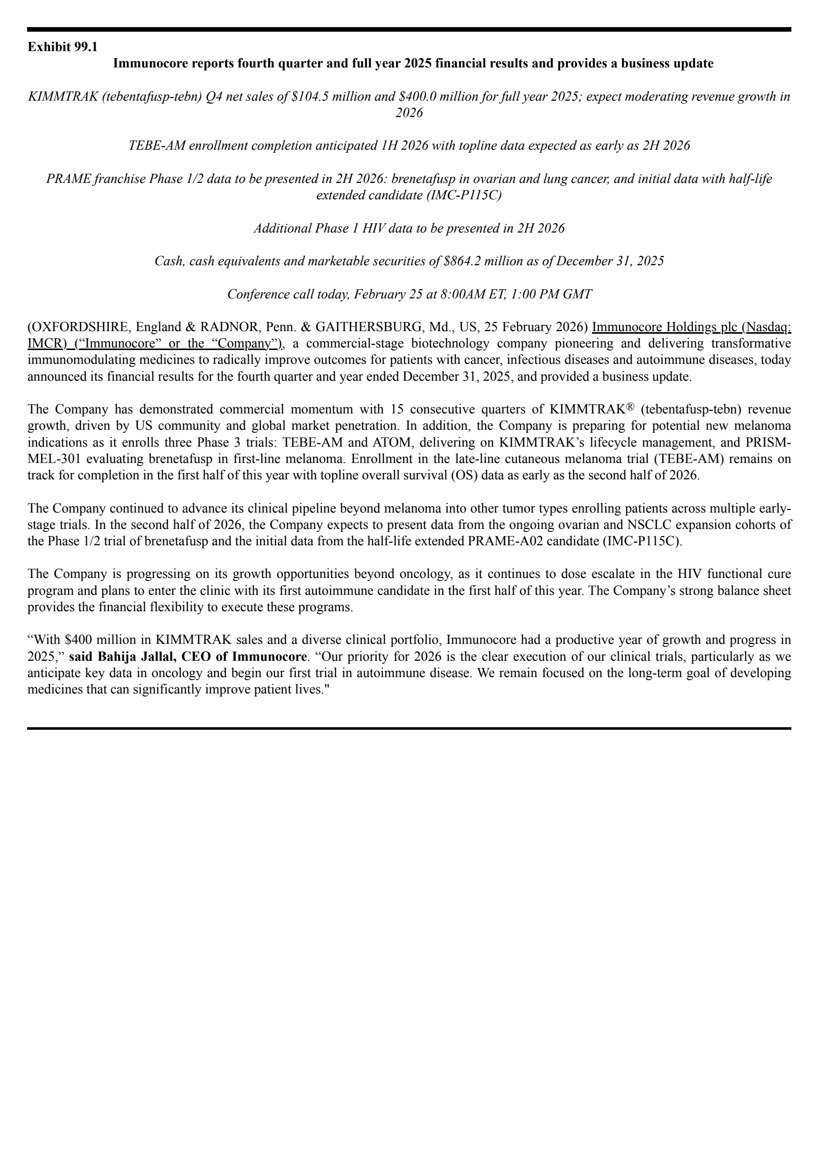 Immunocore's Q4 2025 Press Release