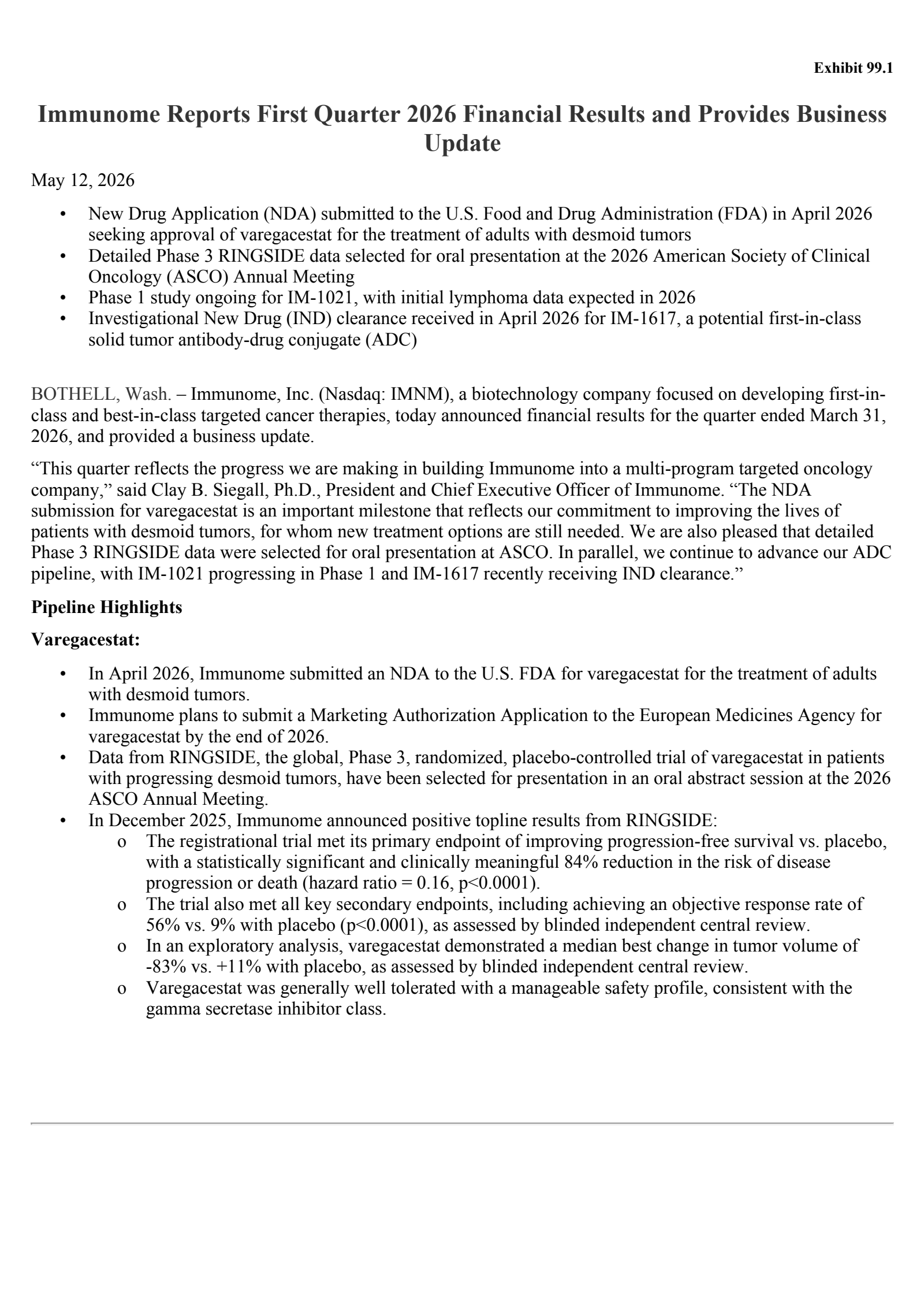 Immunome's Q1 2026 Press Release