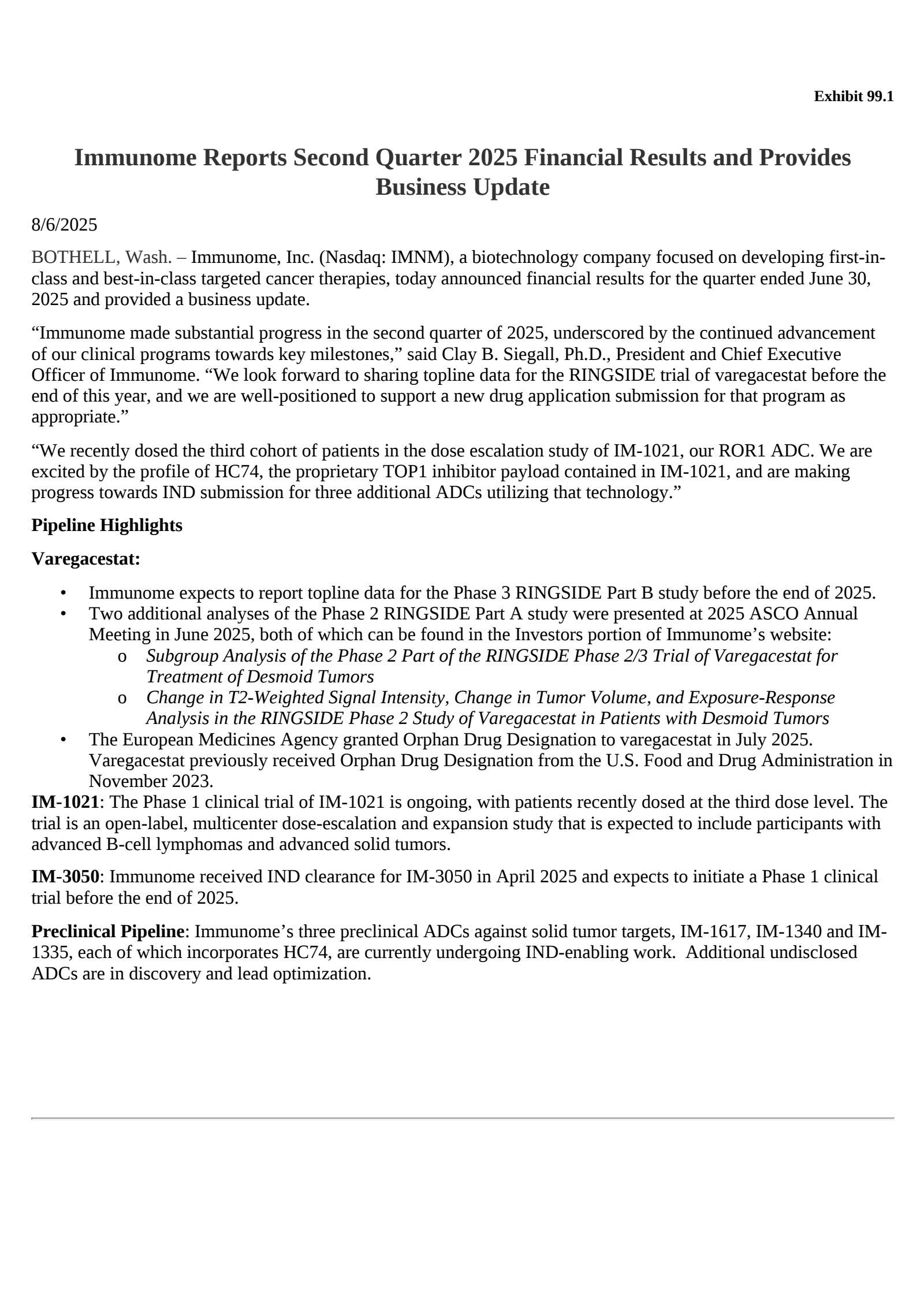 Immunome's Q2 2025 Press Release