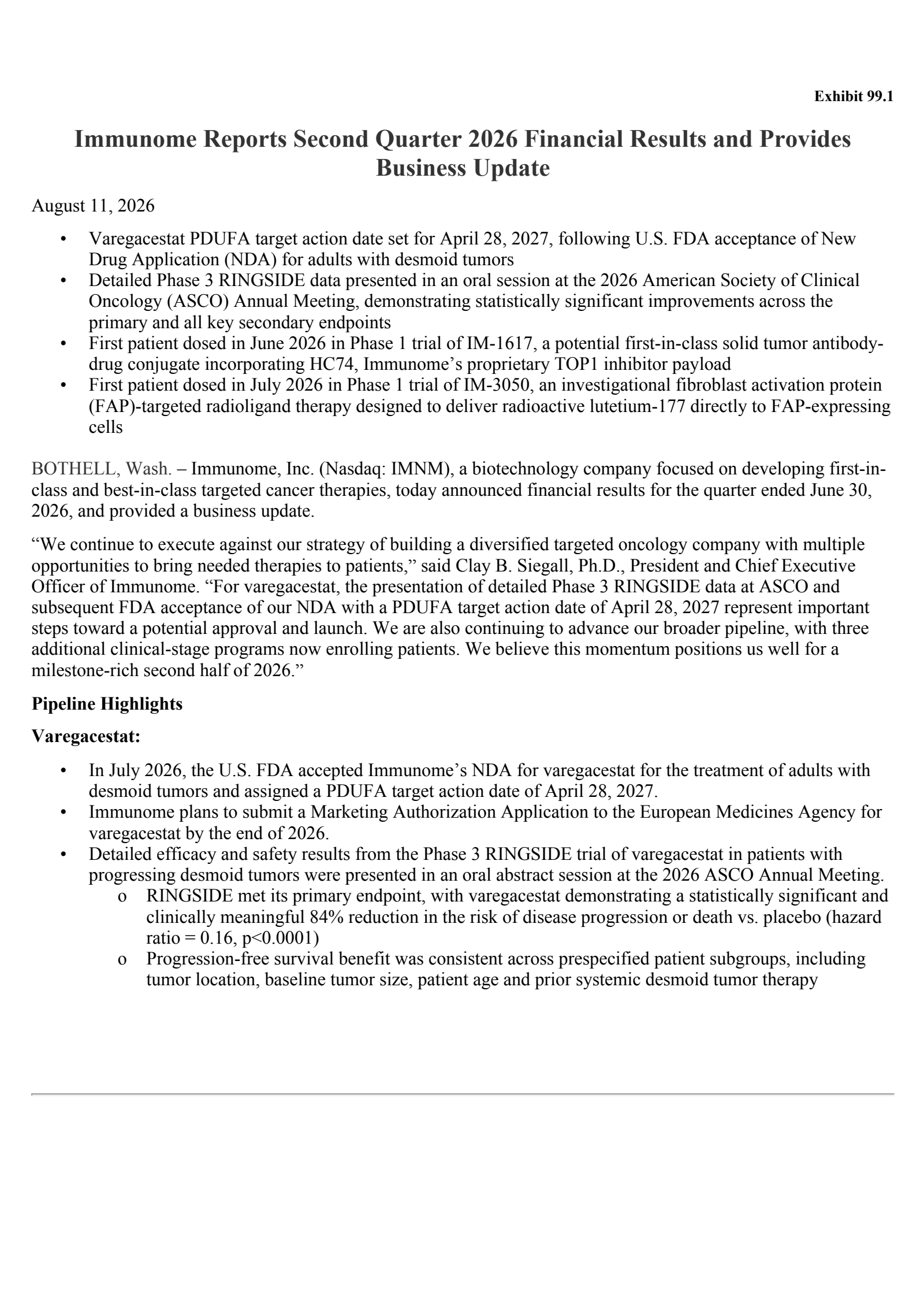 Immunome's Q2 2026 Press Release
