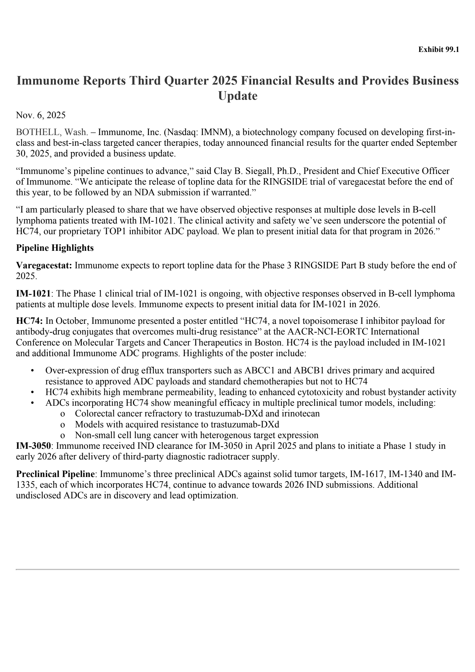 Immunome's Q3 2025 Earnings Release