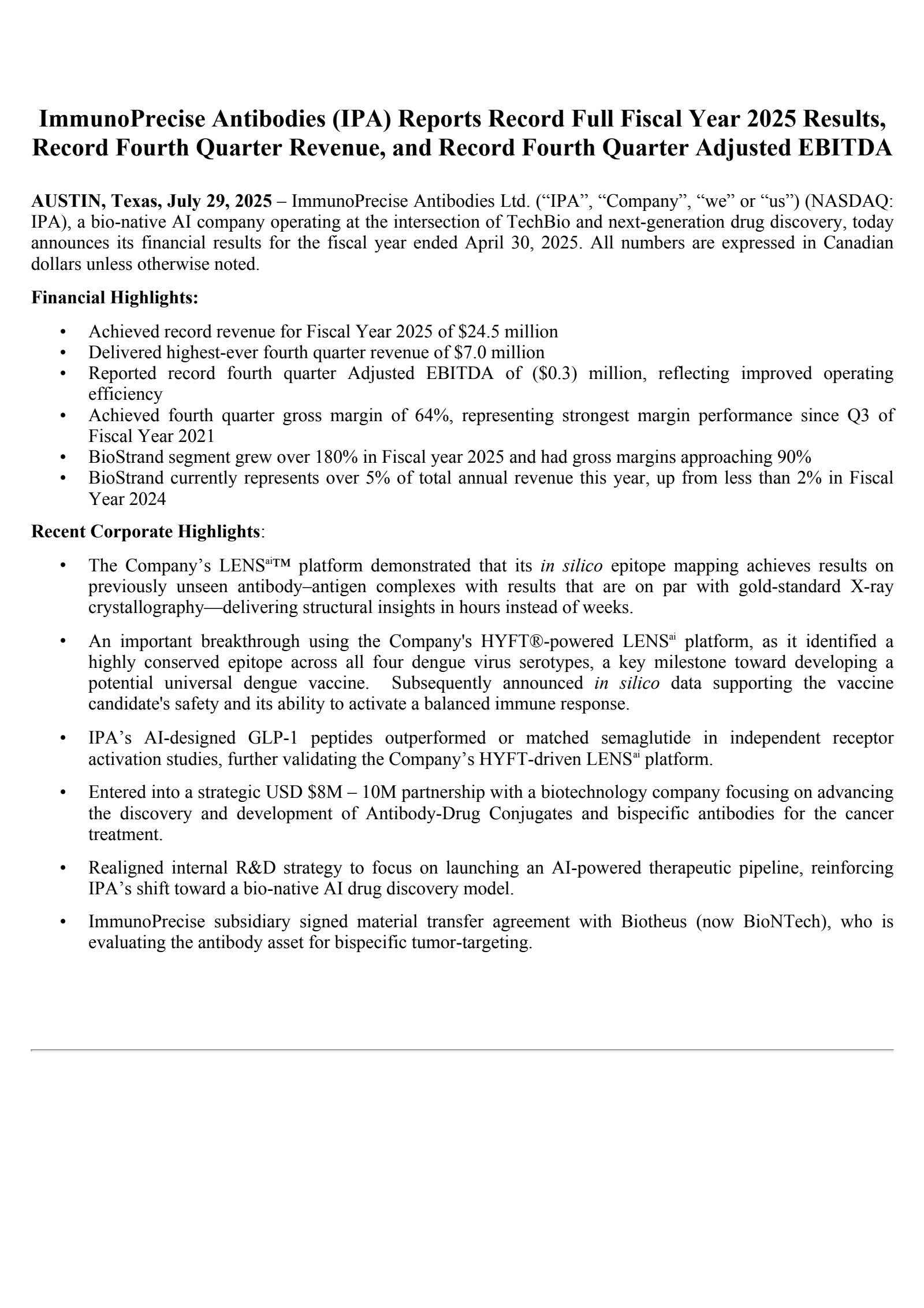 ImmunoPrecise Antibodies' Q4 2025 Press Release