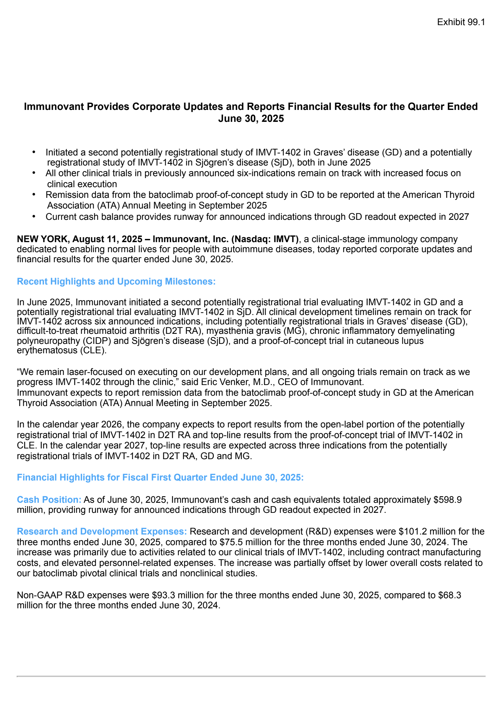 Immunovant's Q1 2026 Press Release
