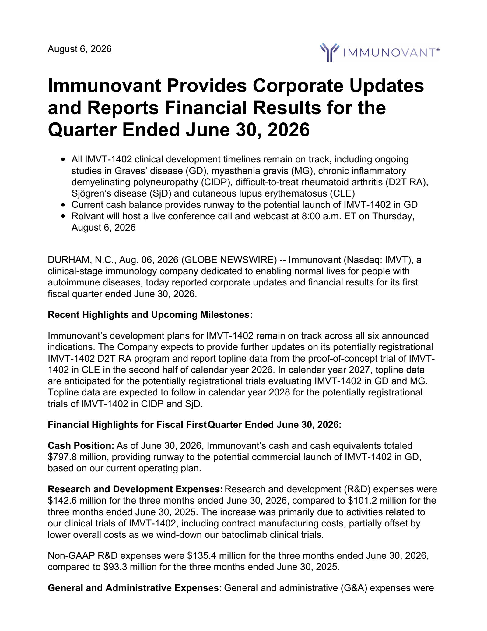 Immunovant's Q1 2027 Press Release