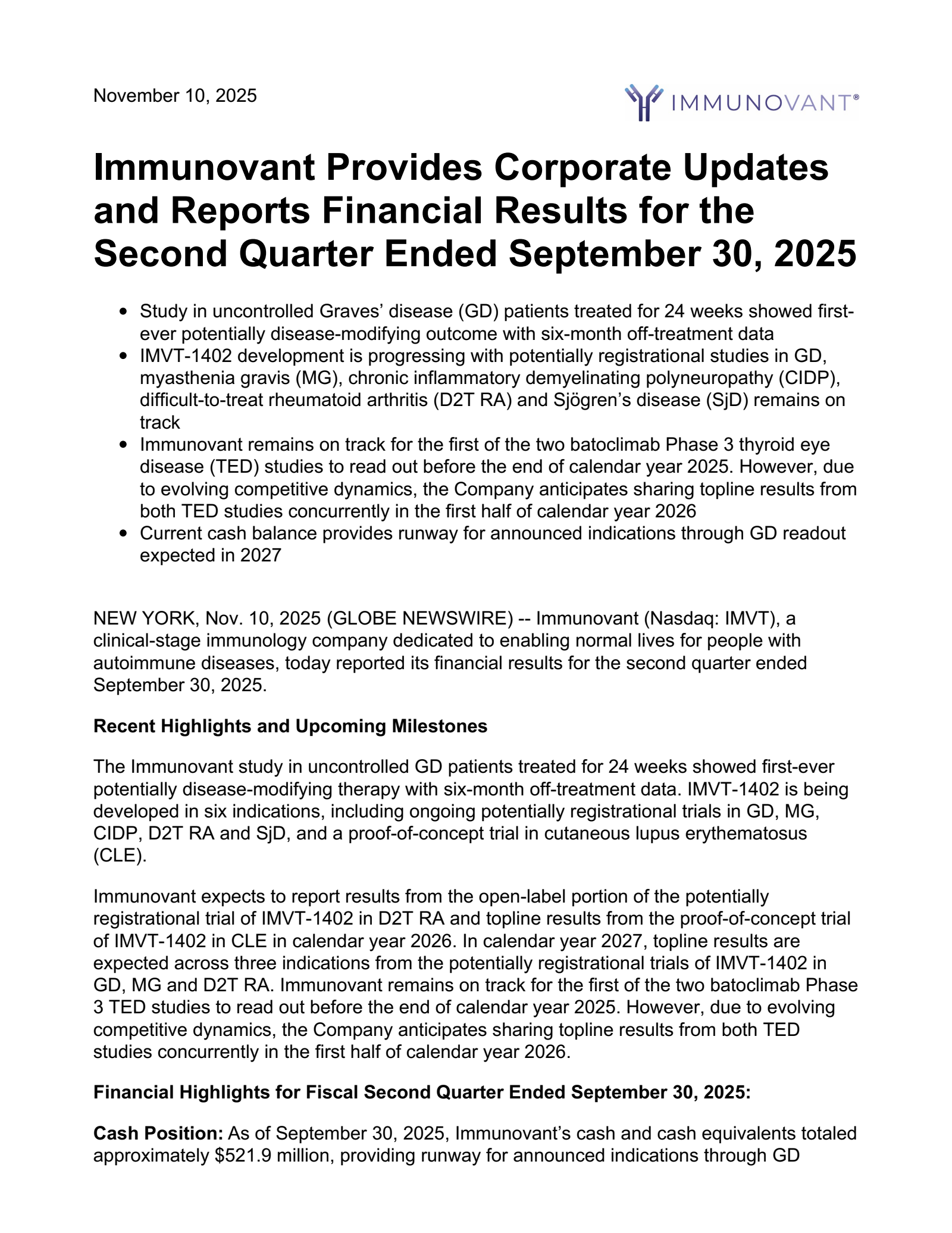 Immunovant's Q2 2026 Earnings Release