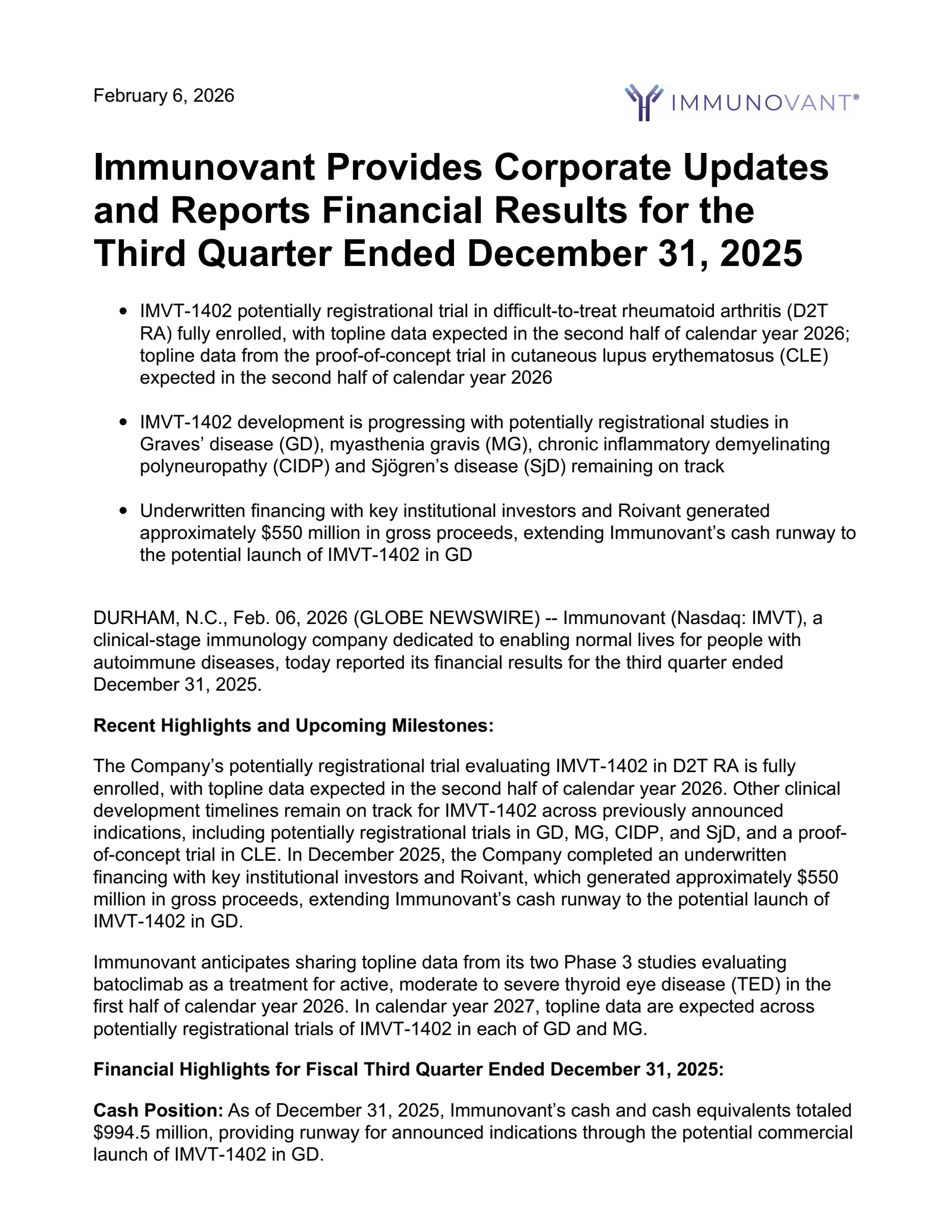 Immunovant's Q3 2026 Press Release
