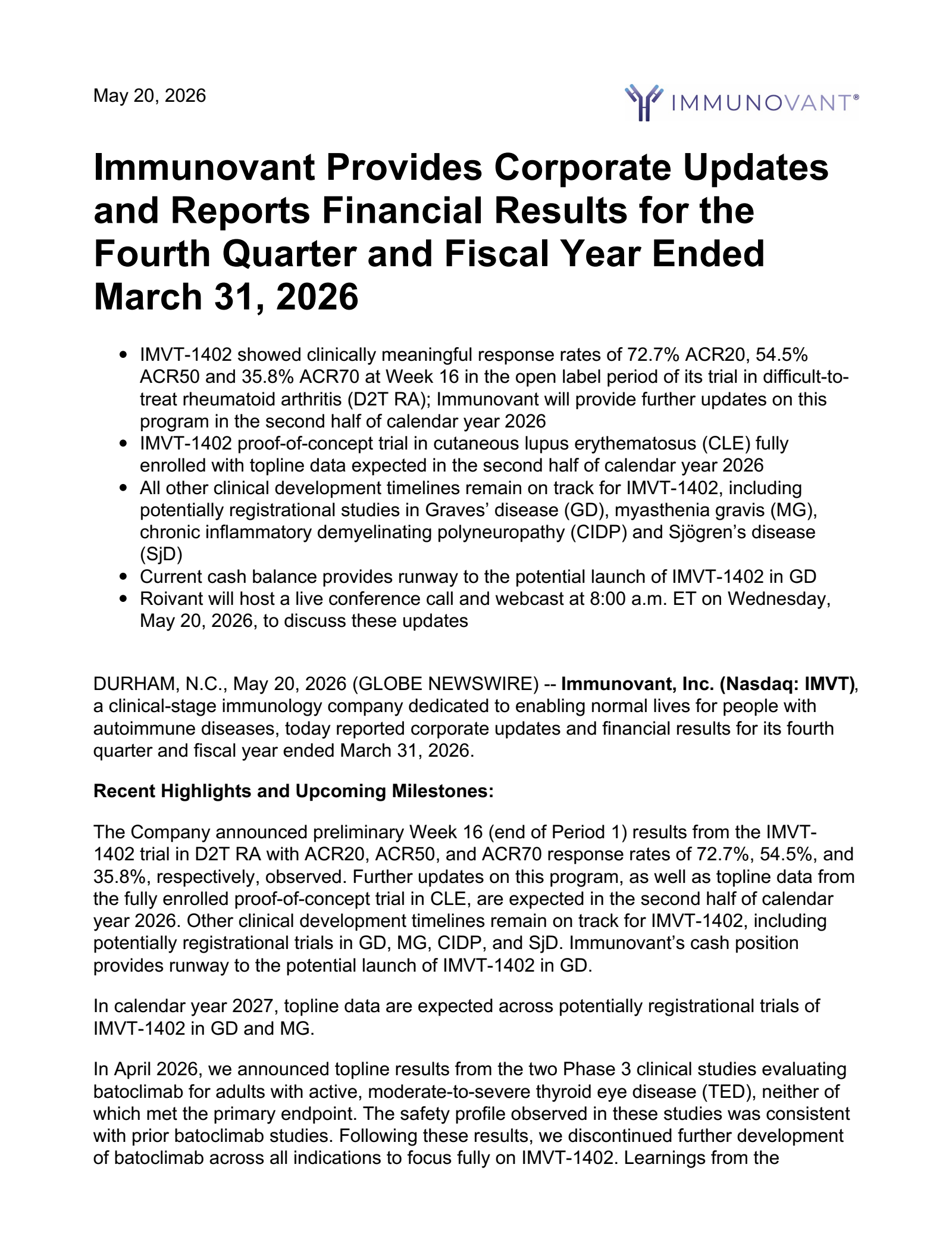 Immunovant's Q4 2026 Press Release