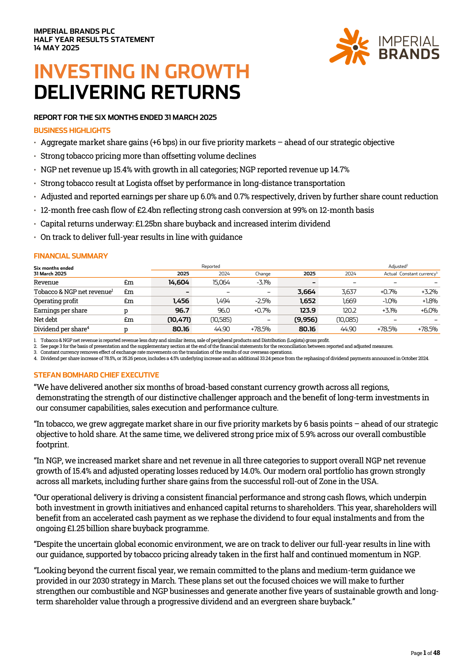 Imperial Brands' H1 2025 Interim report