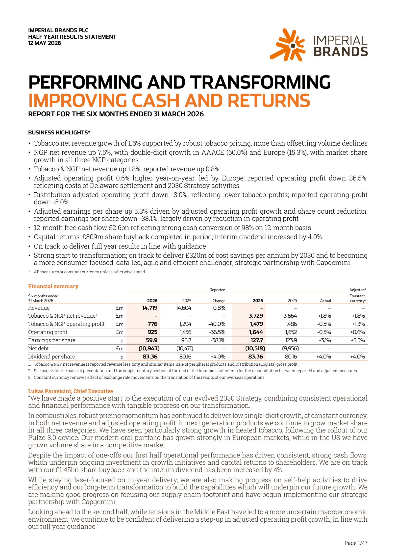 Imperial Brands' H1 2026 Interim report