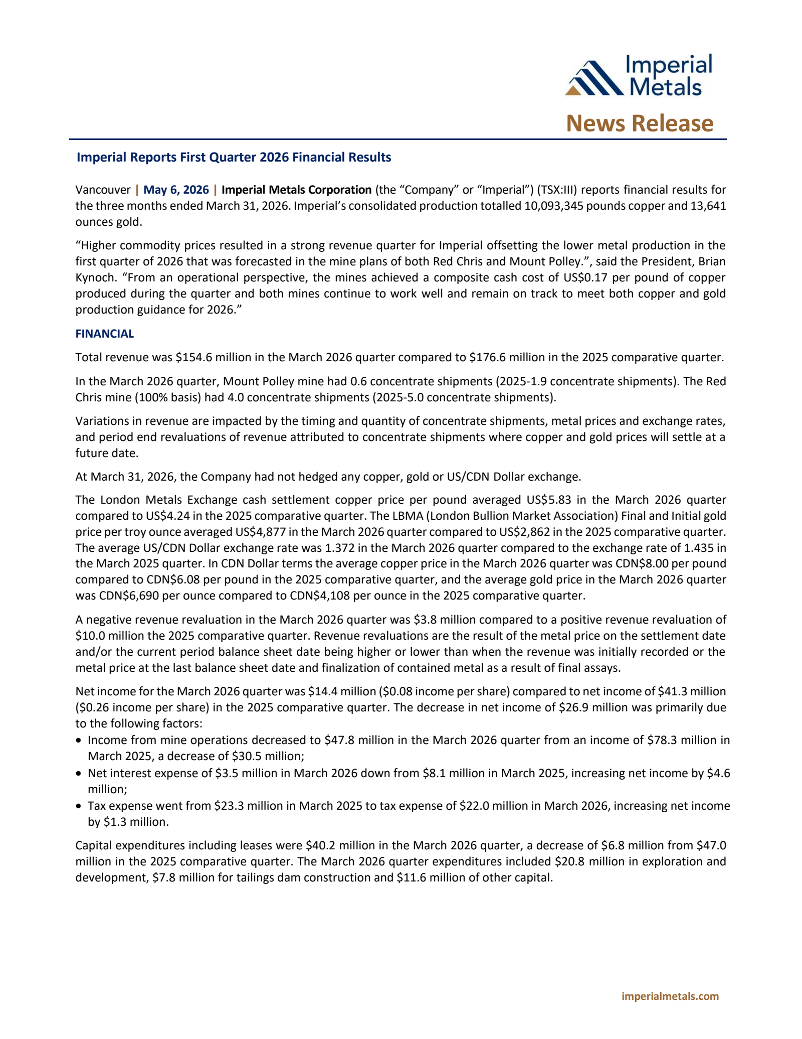 Imperial Metals' Q1 2026 Press Release