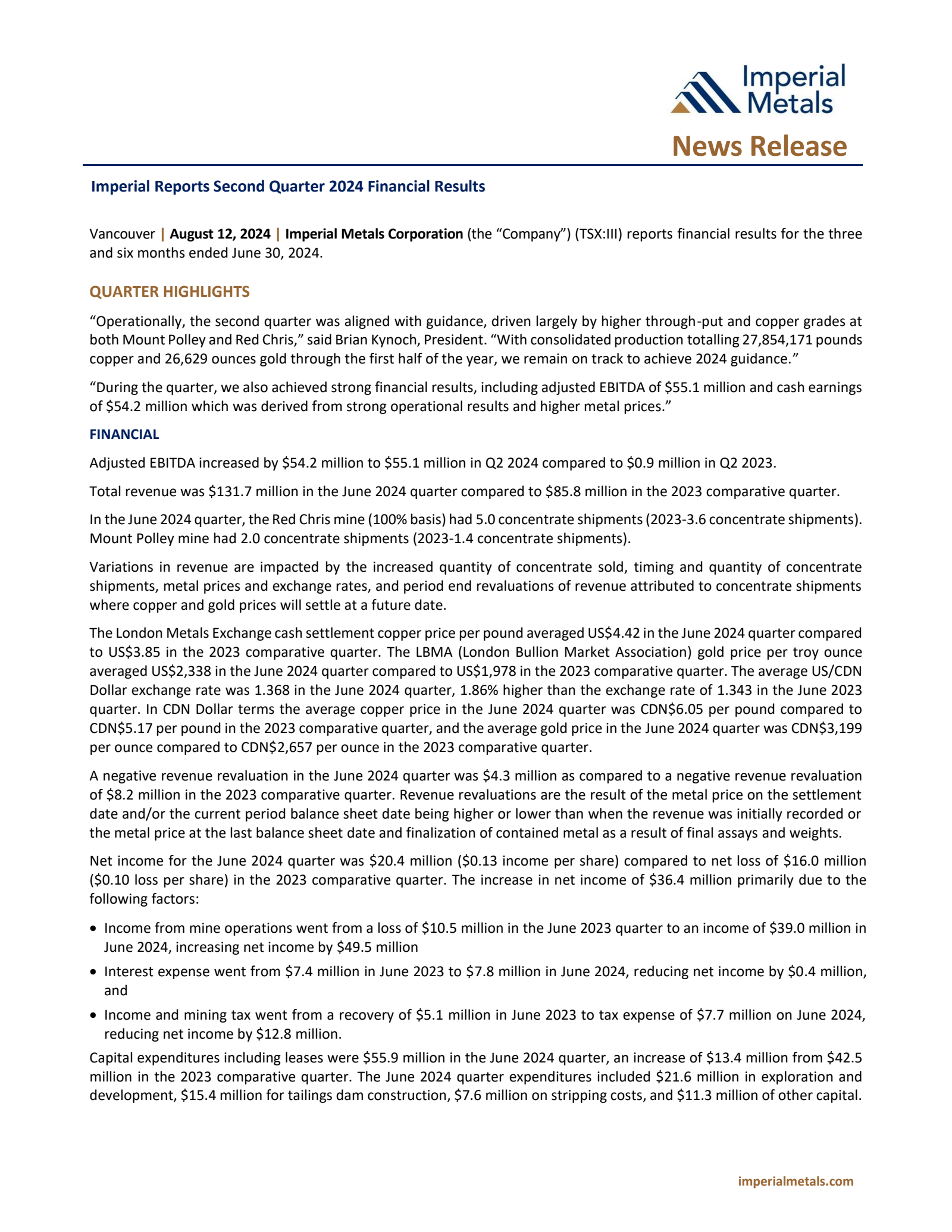 Imperial Metals' Q2 2024 Press Release