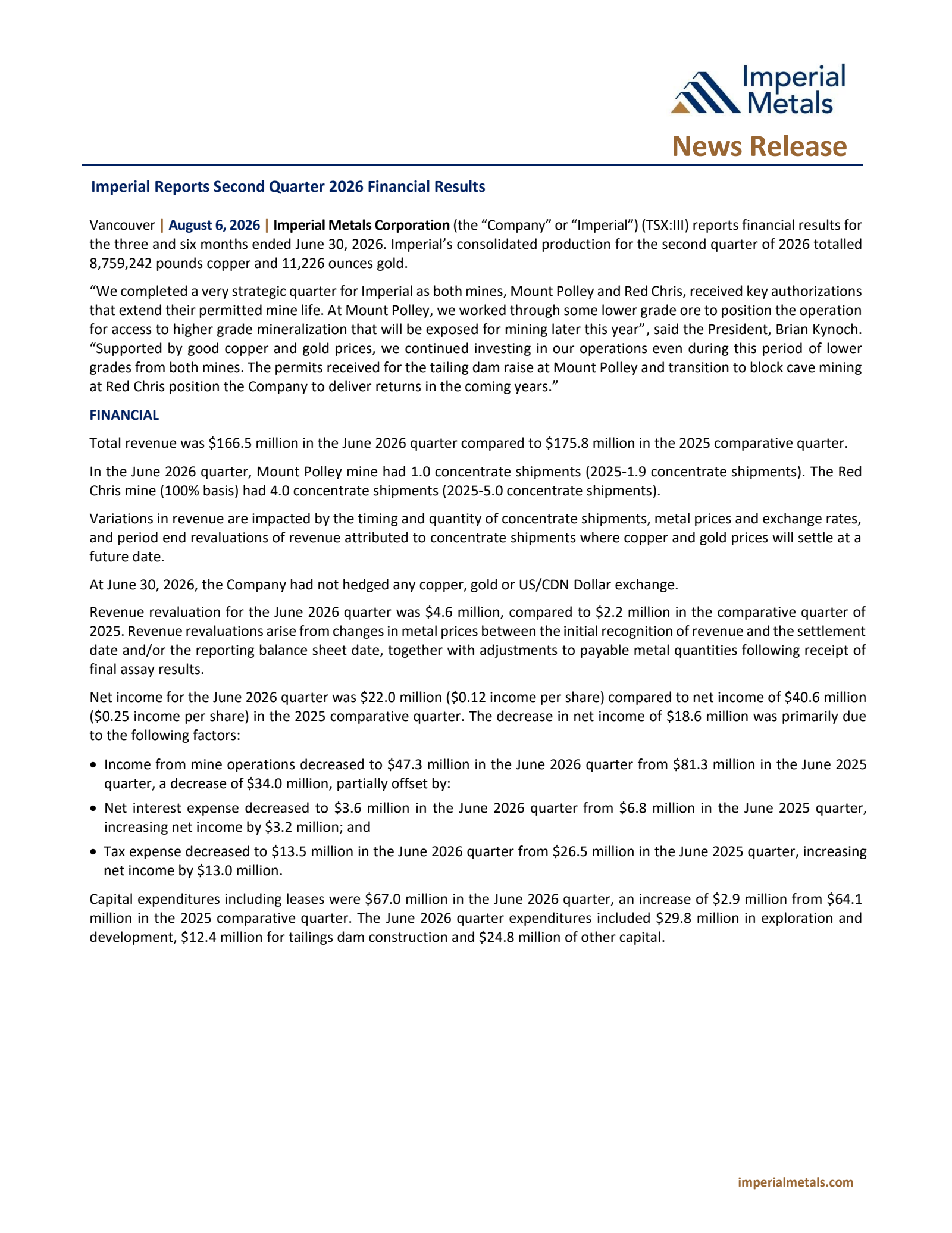 Imperial Metals' Q2 2026 Press Release