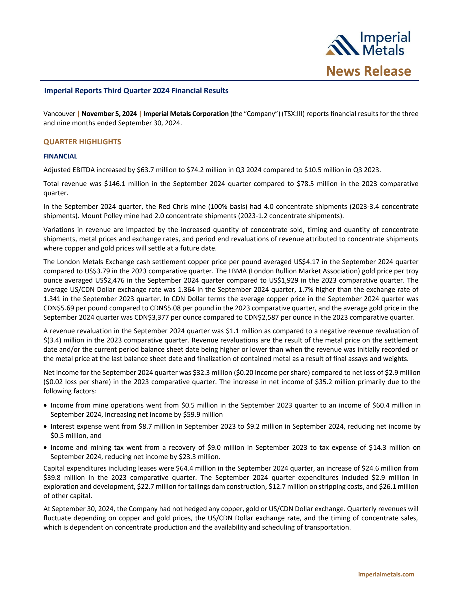 Imperial Metals' Q3 2024 Press Release