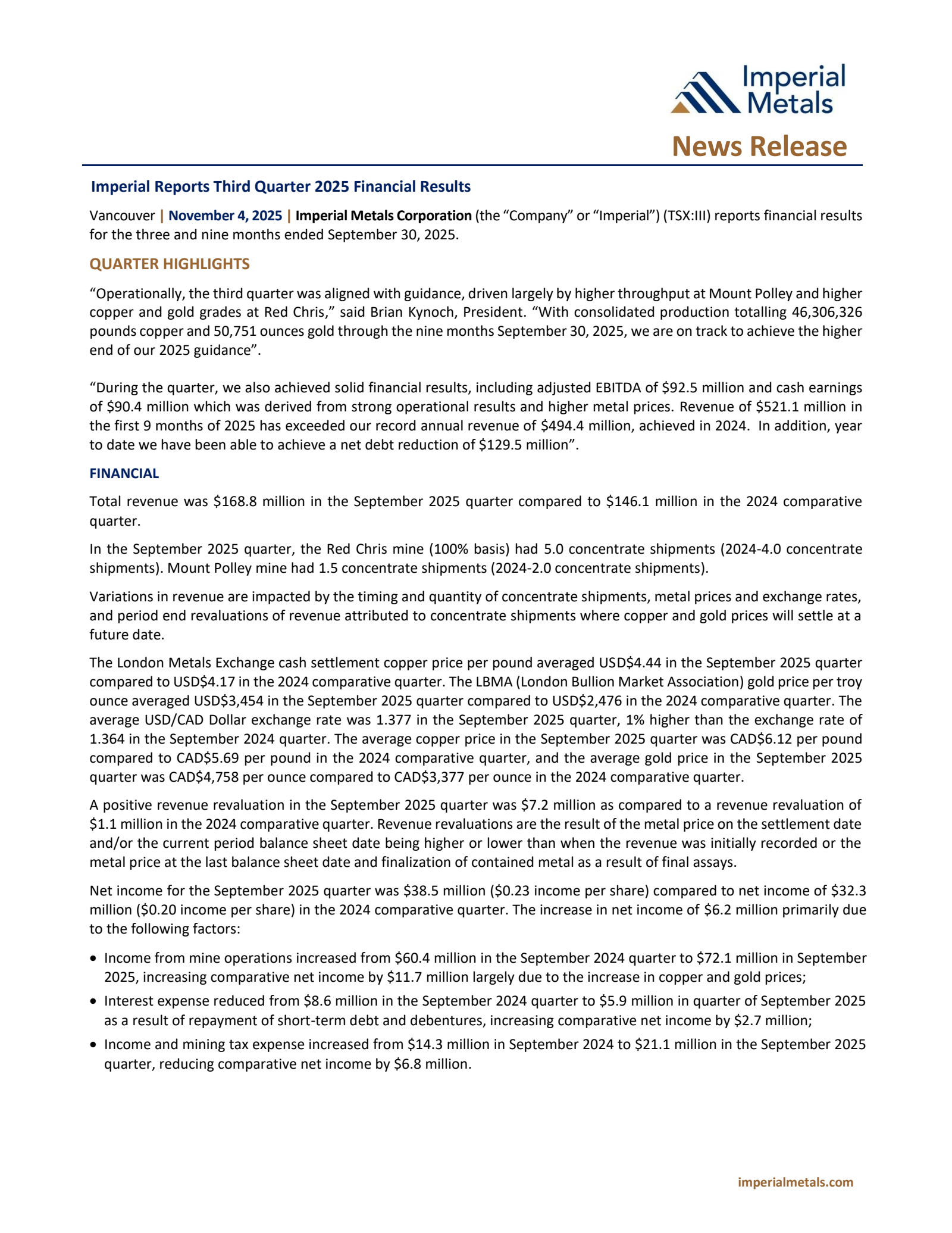 Imperial Metals' Q3 2025 Press Release