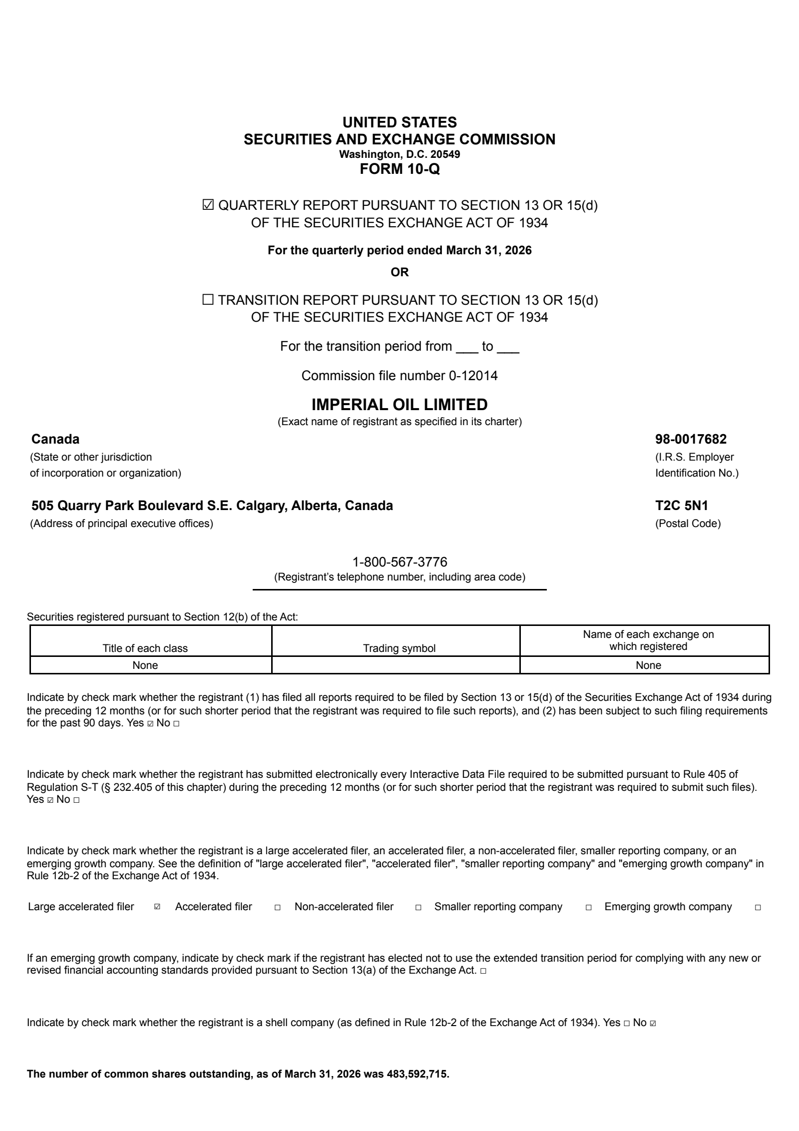 Imperial Oil's Q1 2026 Quarterly report