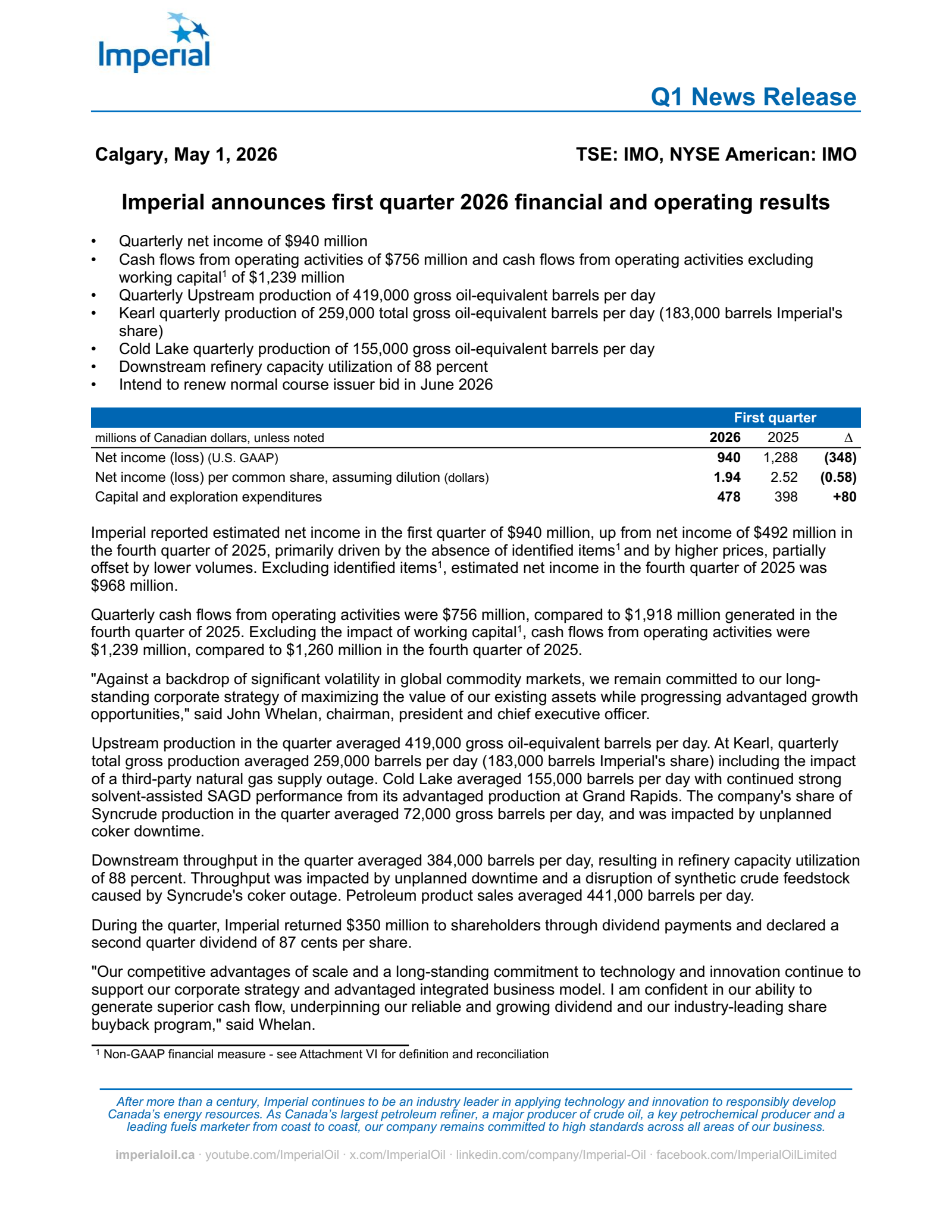 Imperial Oil's Q1 2026 Press Release