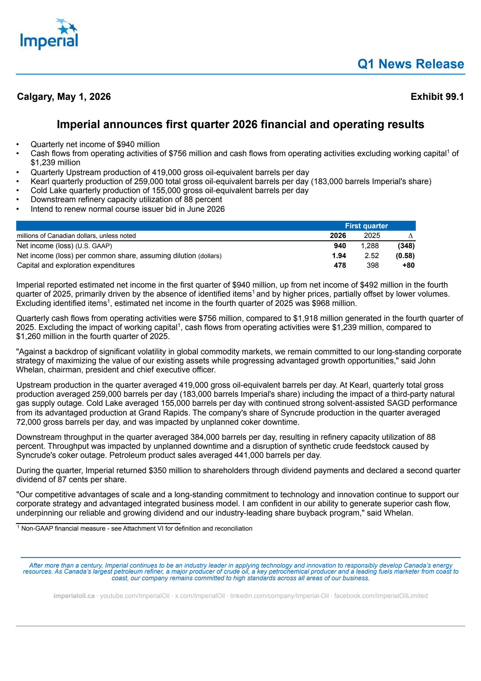 Imperial Oil's Q1 2026 Press Release