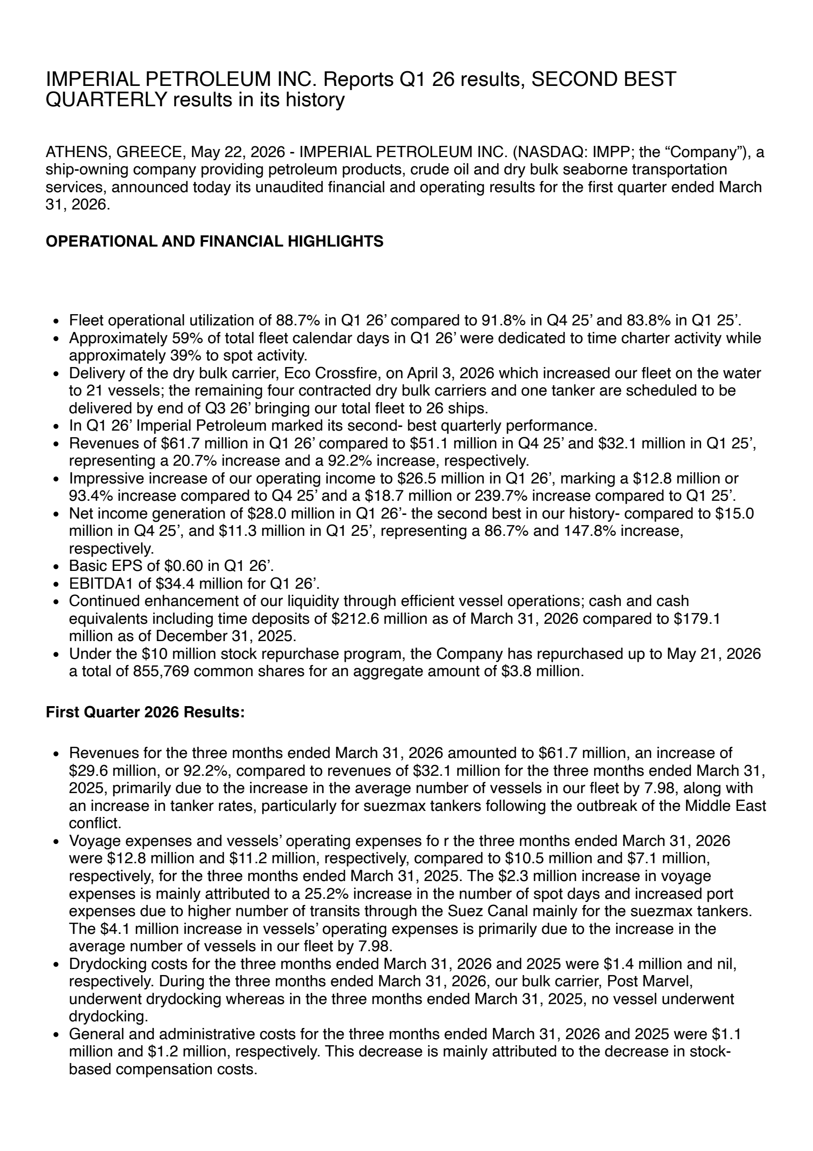 Imperial Petroleum's Q1 2026 Press Release