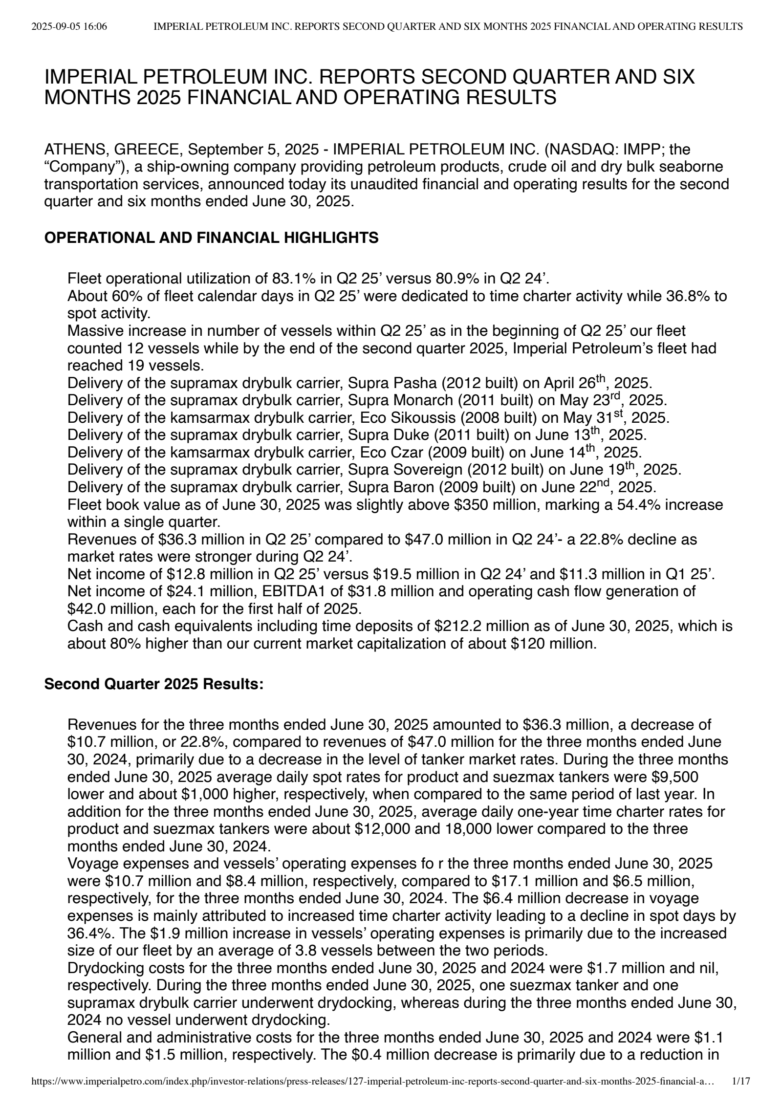 Imperial Petroleum's Q2 2025 Press Release