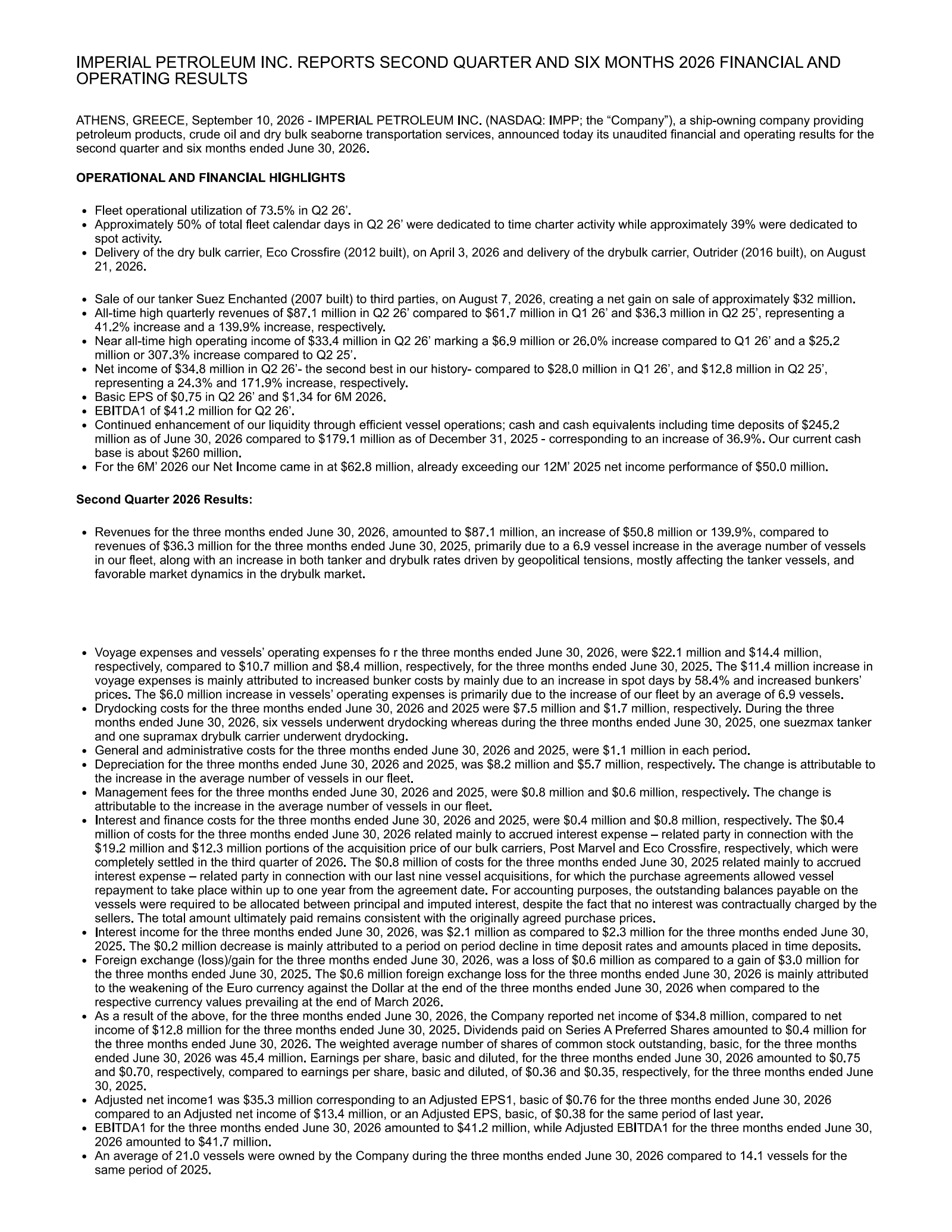 Imperial Petroleum's Q2 2026 Press Release