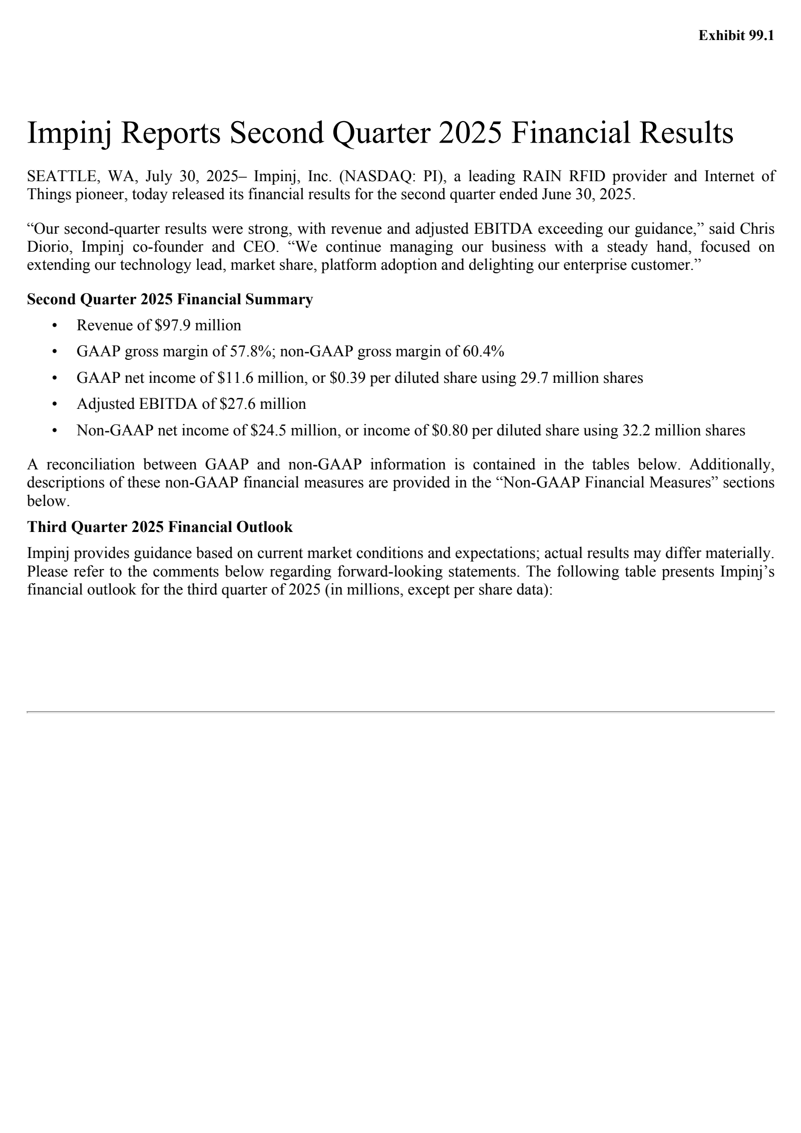 Impinj's Q2 2025 Press Release