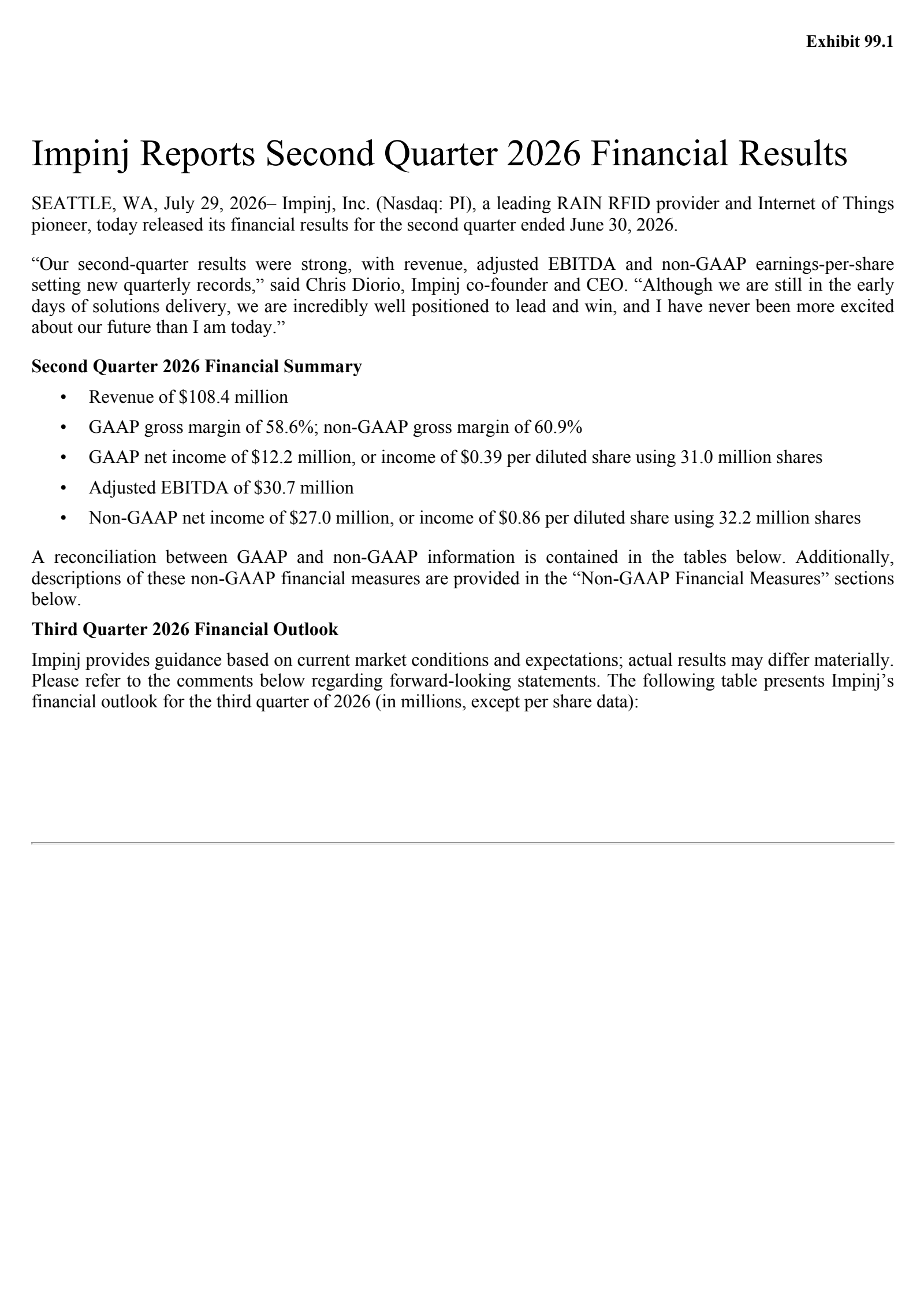 Impinj's Q2 2026 Press Release
