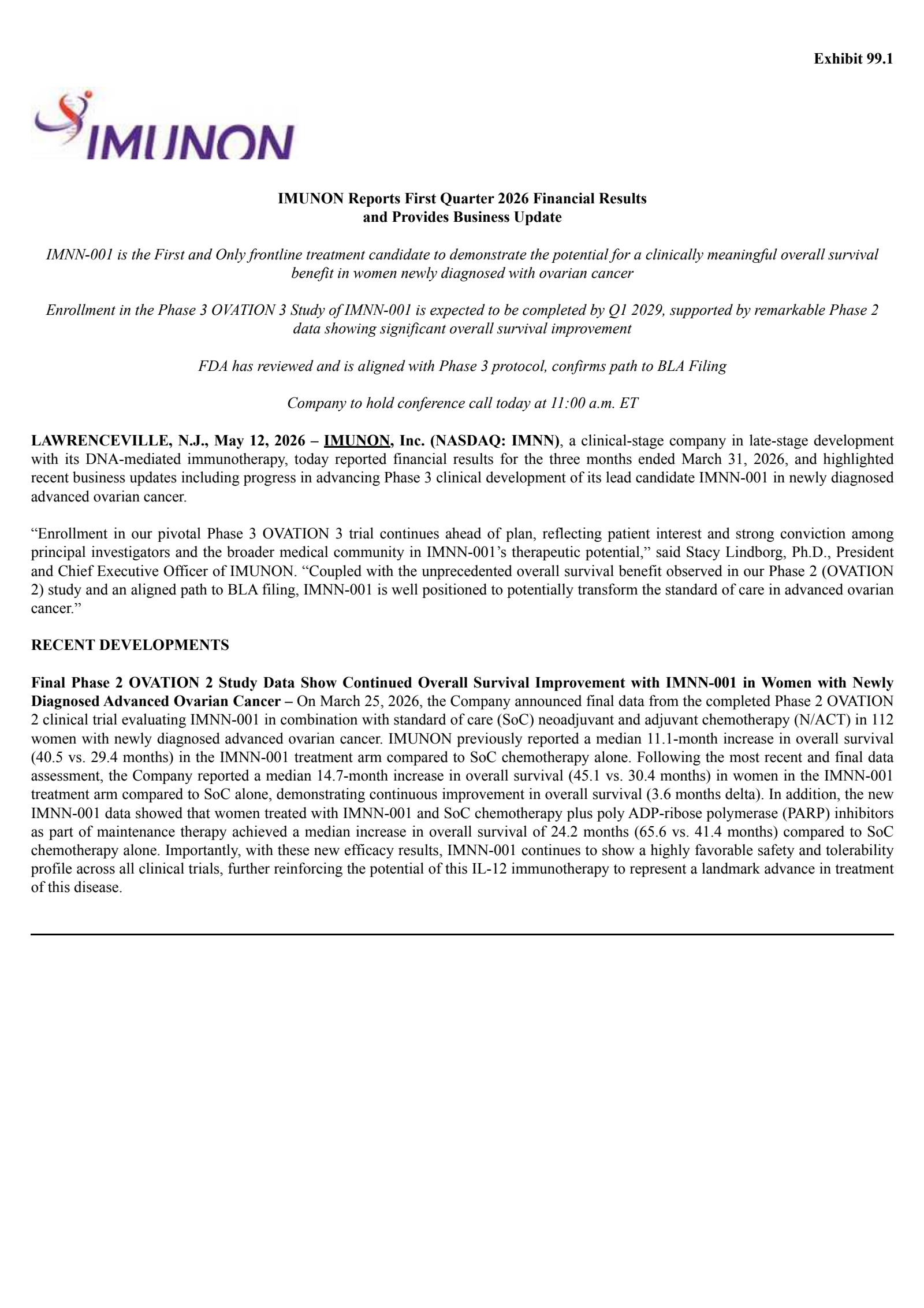 Imunon's Q1 2026 Press Release