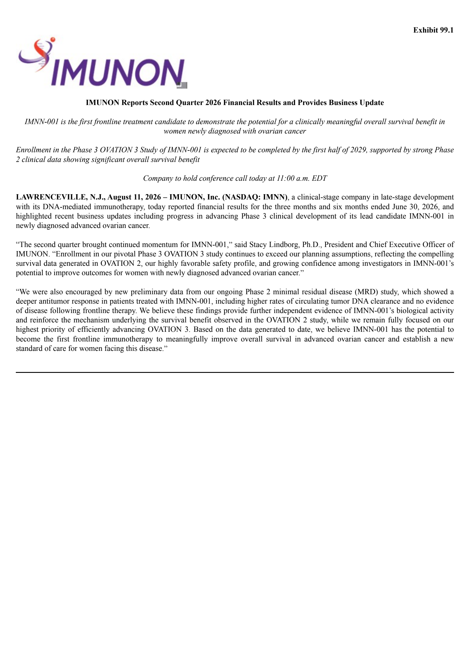 Imunon's Q2 2026 Press Release