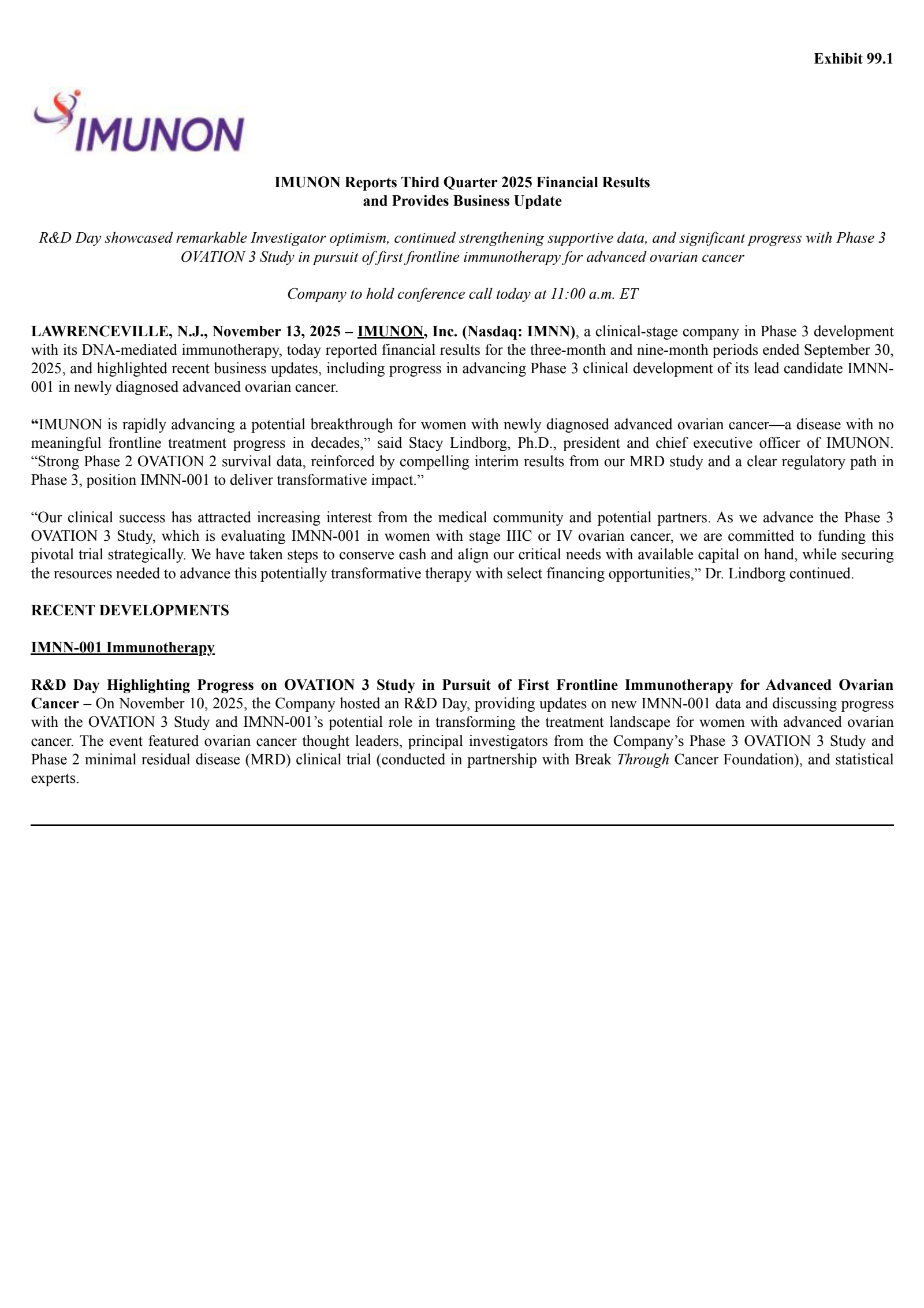 Imunon's Q3 2025 Earnings Release