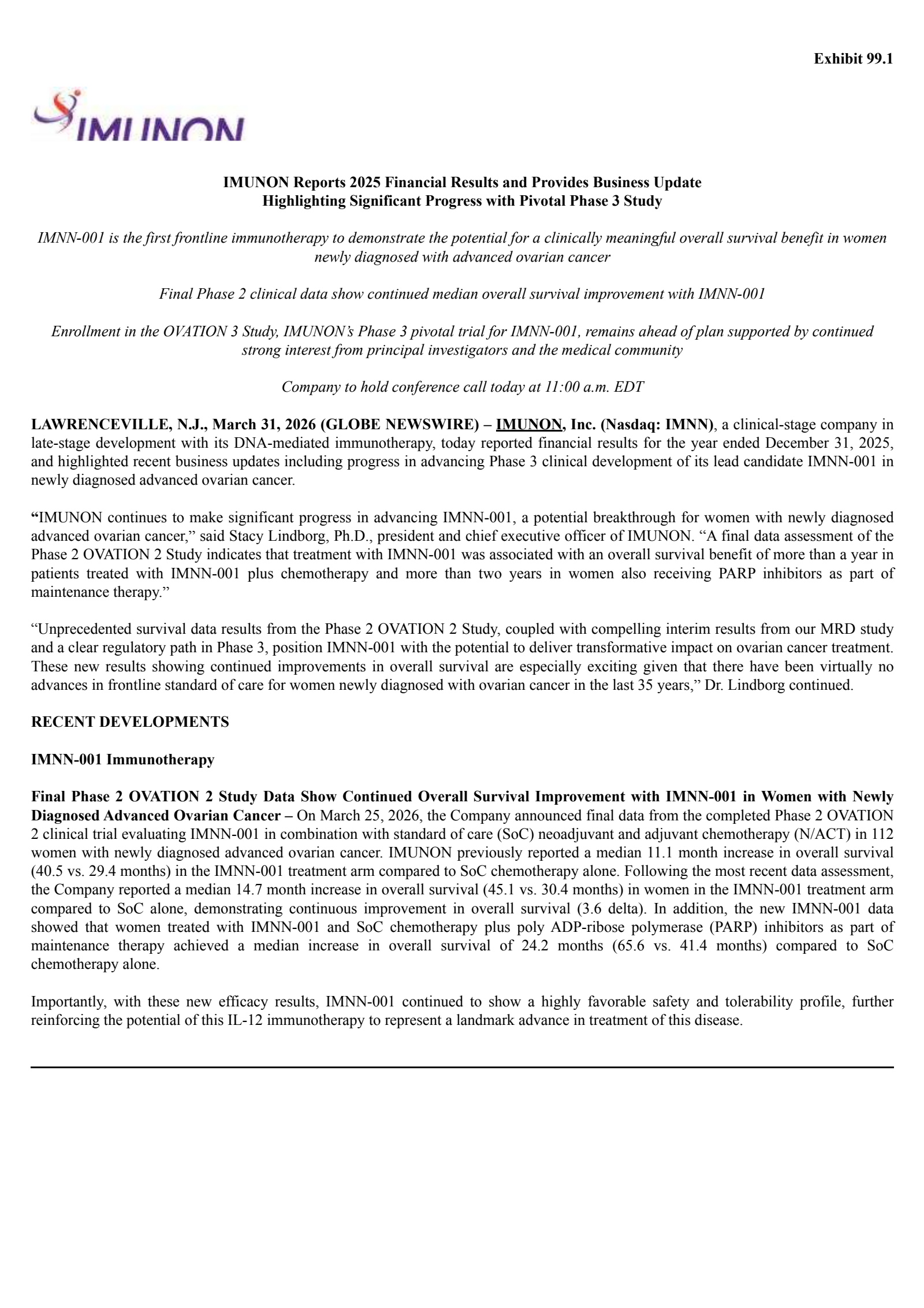 Imunon's Q4 2025 Press Release