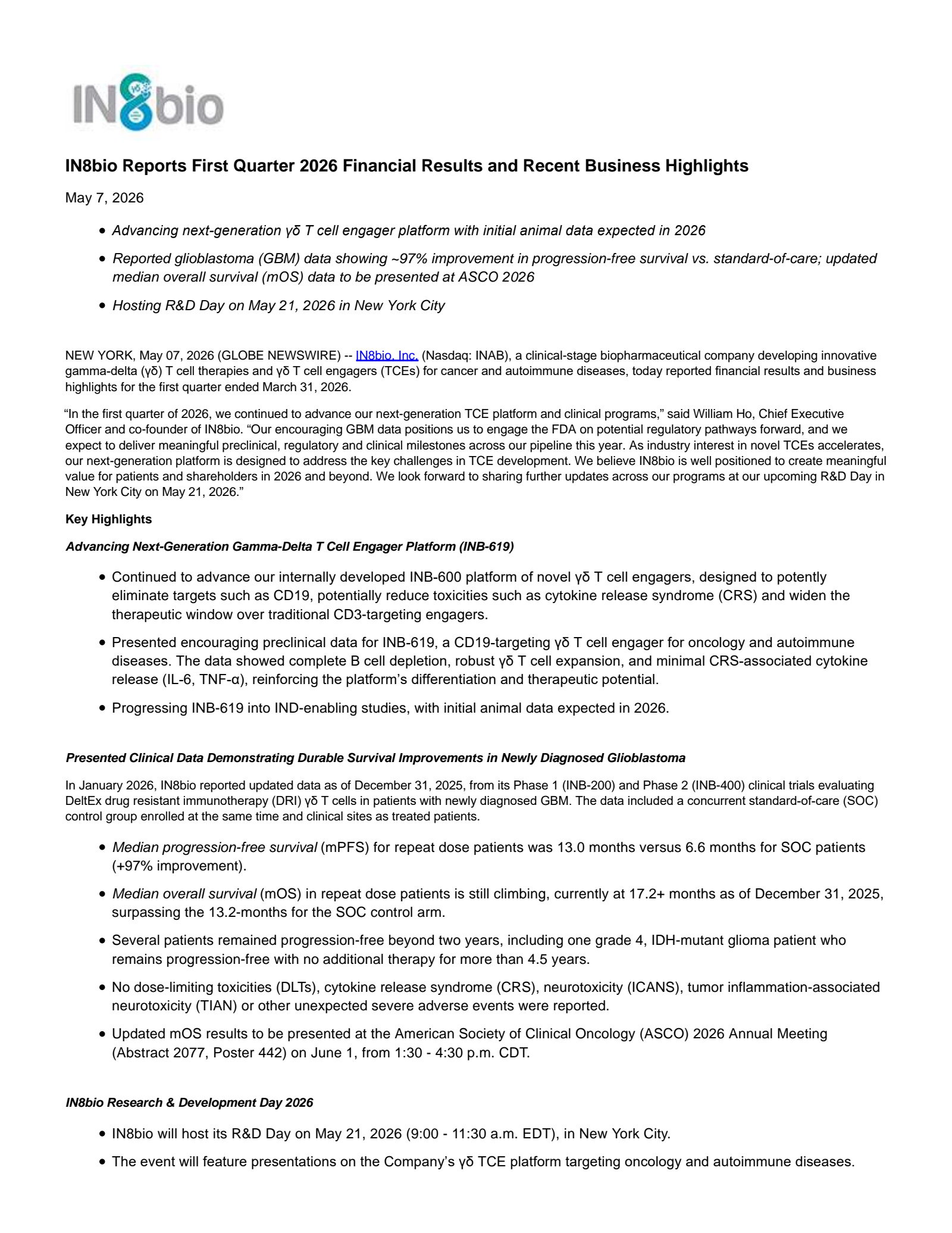 IN8bio's Q1 2026 Press Release