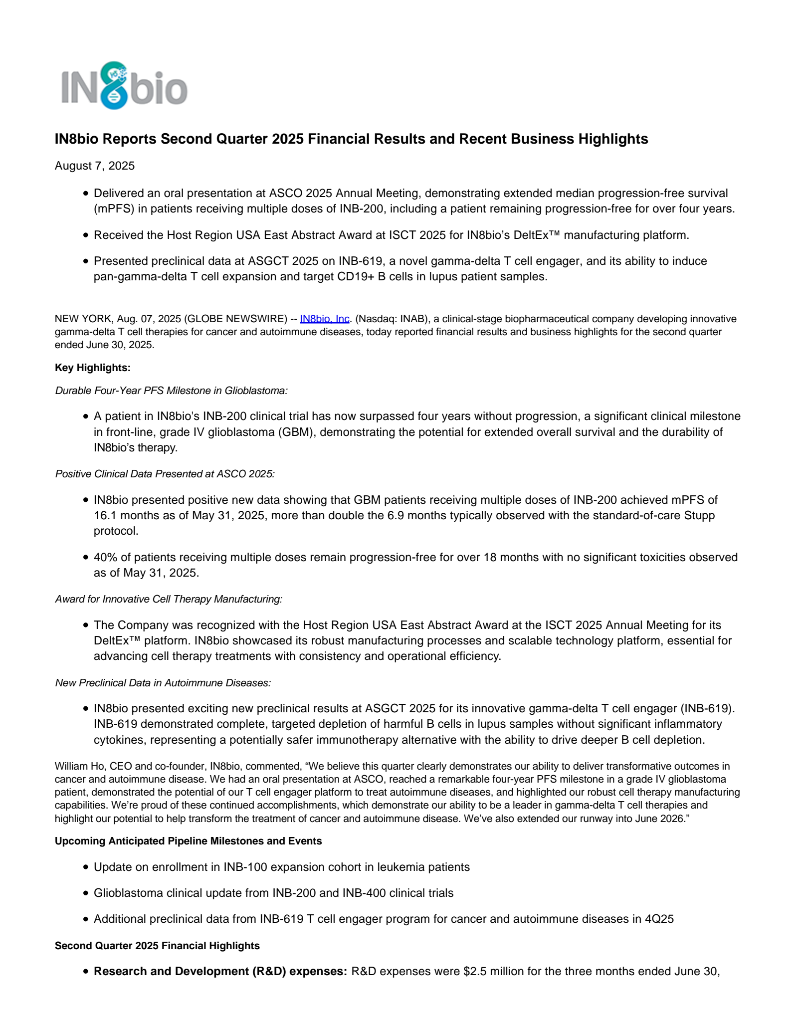 IN8bio's Q2 2025 Press Release