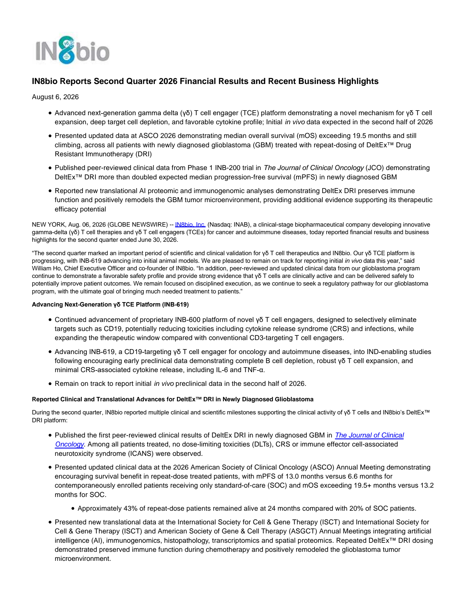 IN8bio's Q2 2026 Press Release