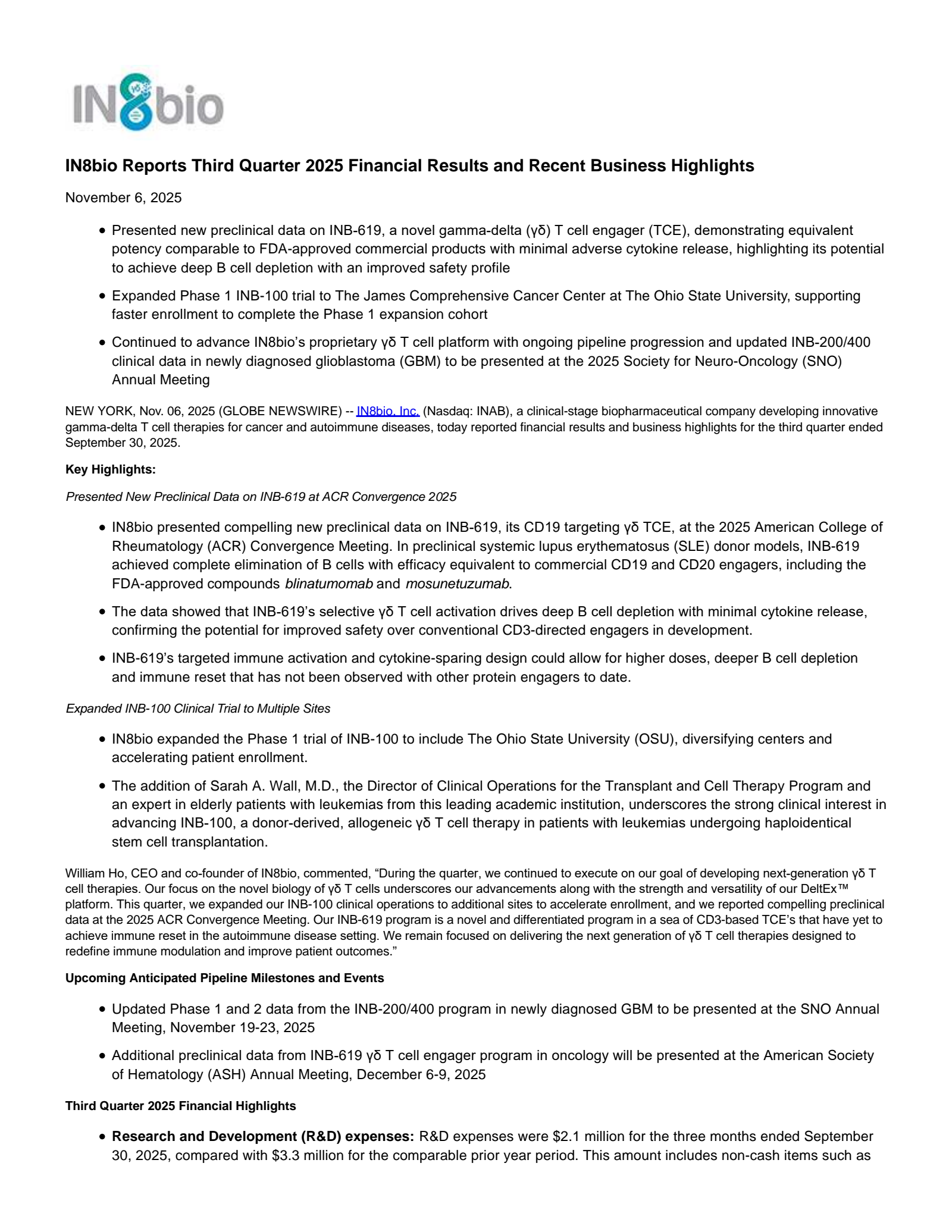 IN8bio's Q3 2025 Earnings Release