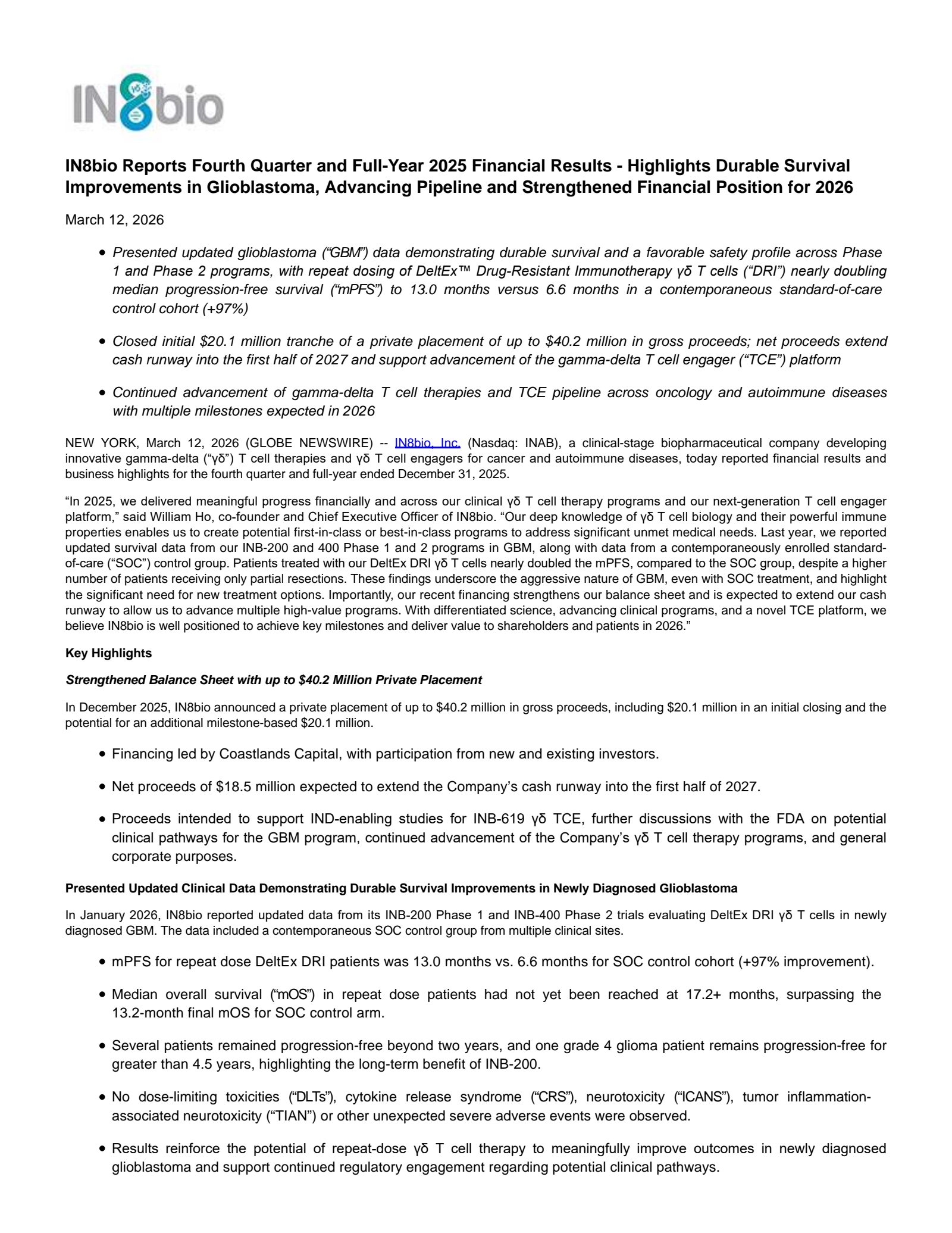 IN8bio's Q4 2025 Press Release