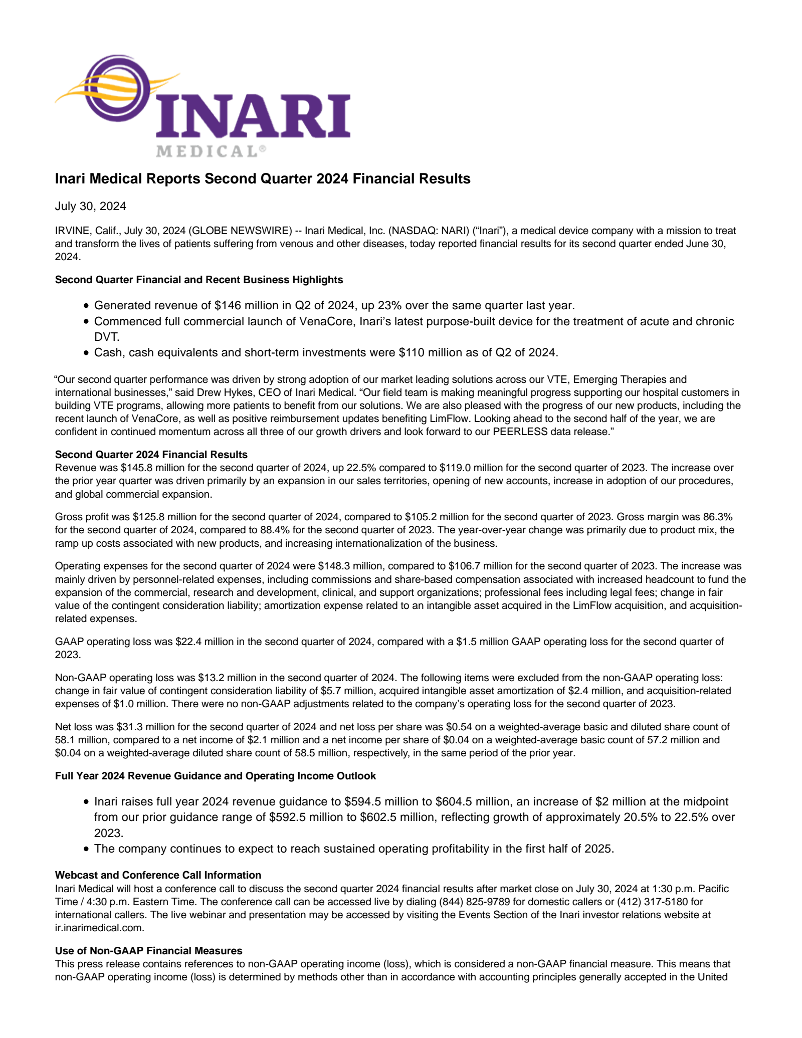 Inari Medical's Q2 2024 Press Release