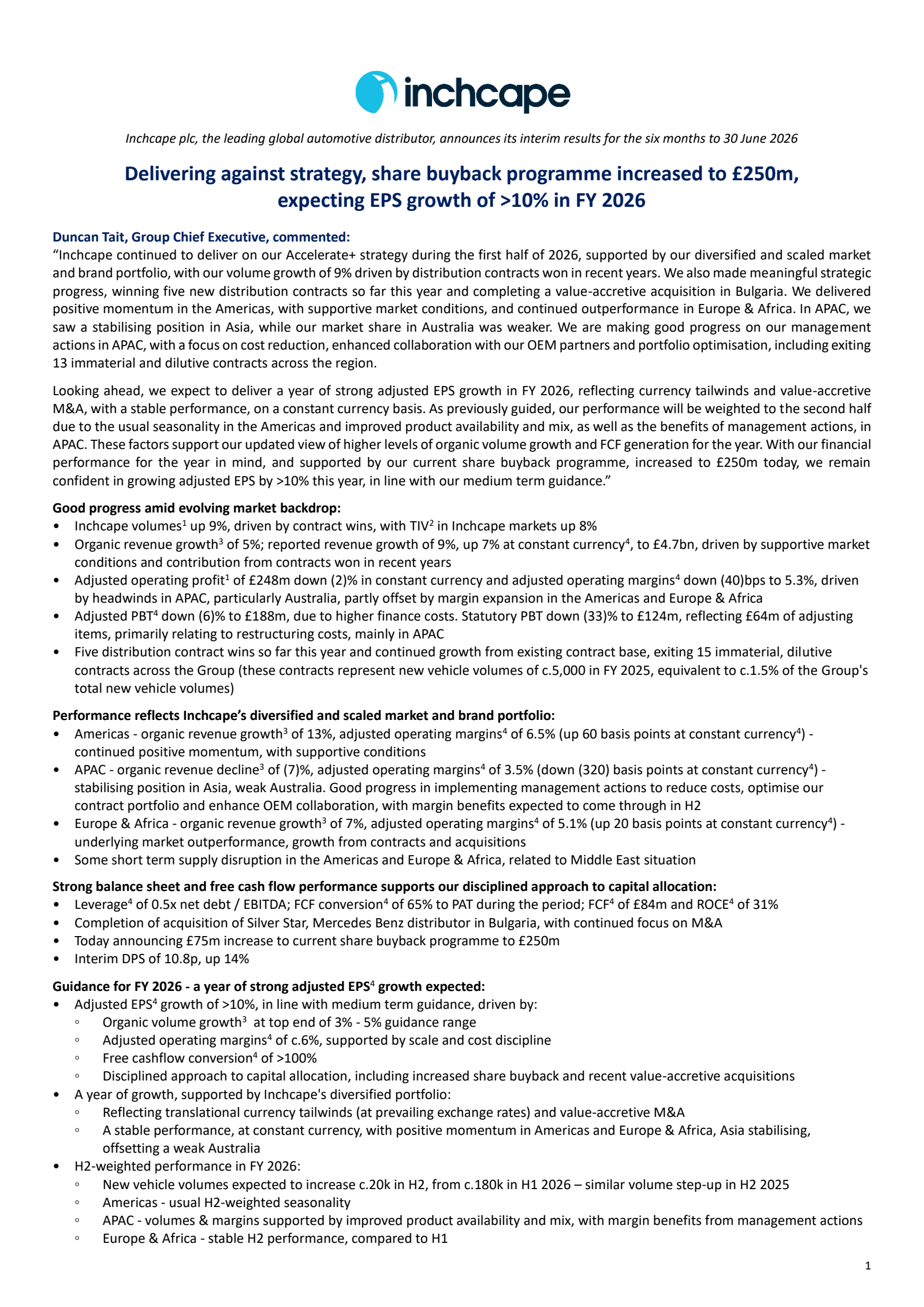 Inchcape's H1 2026 Interim report